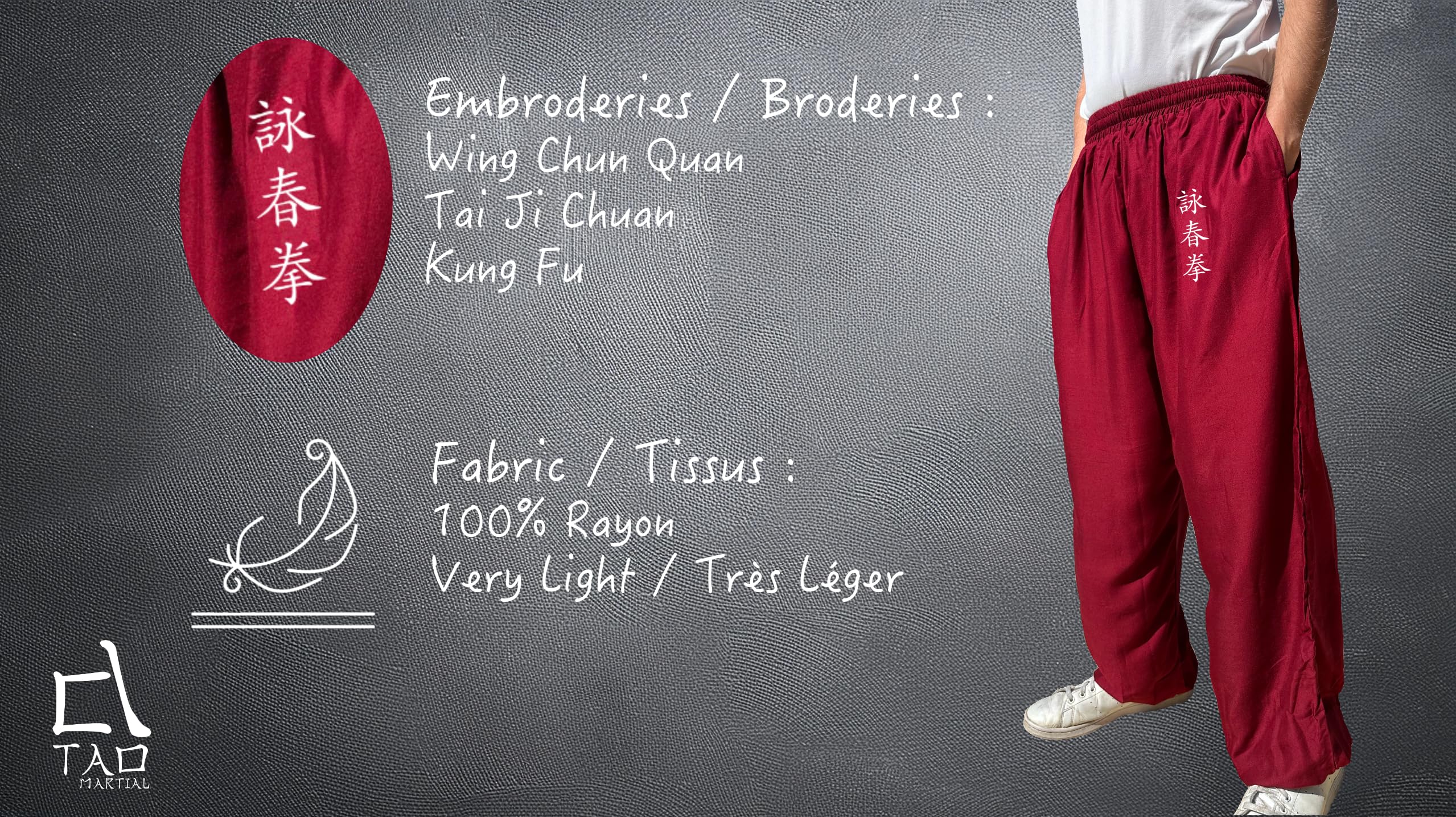 TAO MARTIAL Pantalon Kung Fu Style Tai Chi et Wing Chun Pantalon avec Poches Ample en Viscose, V3 (KF Noir, Taille S)