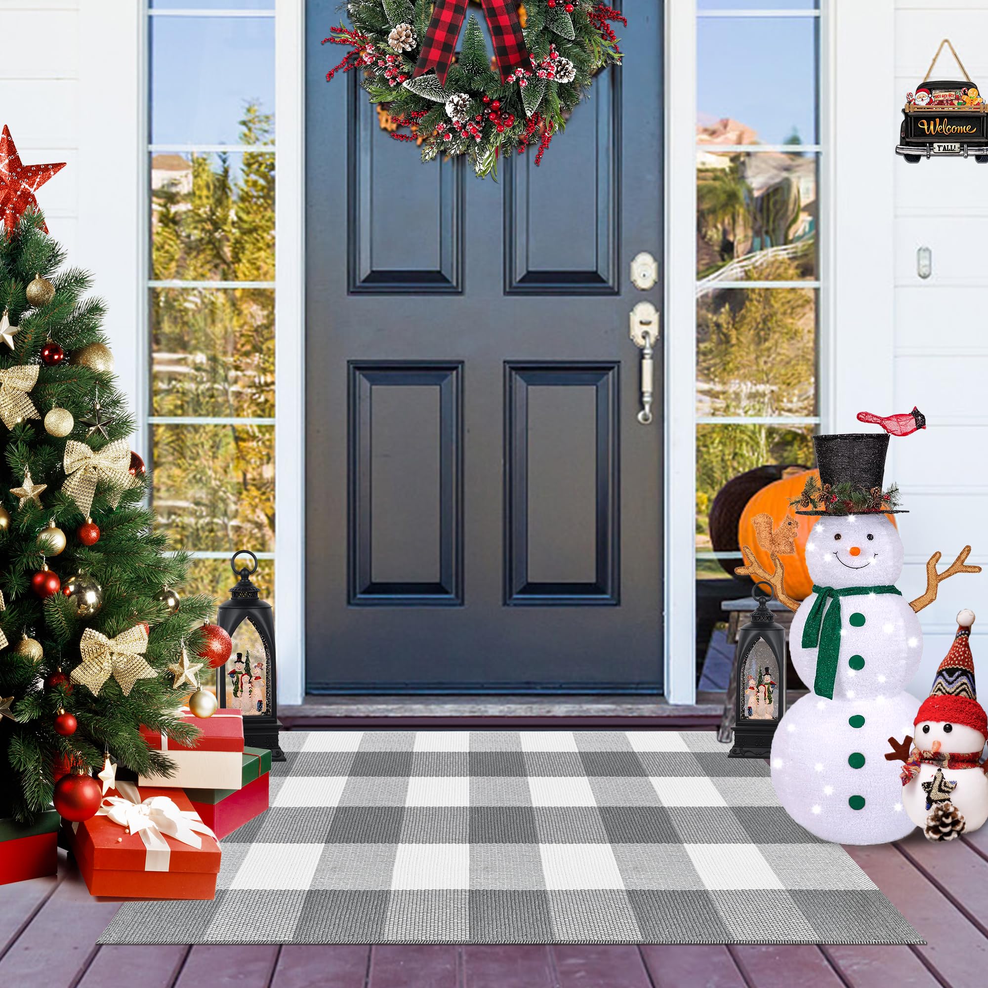 Aoczes Buffalo Plaid Outdoor Rug 2x3 Cotton Woven Rug Grey and White Checkered Rug Washable Front Porch Fall Layered Door Mats Carpet for Indoor