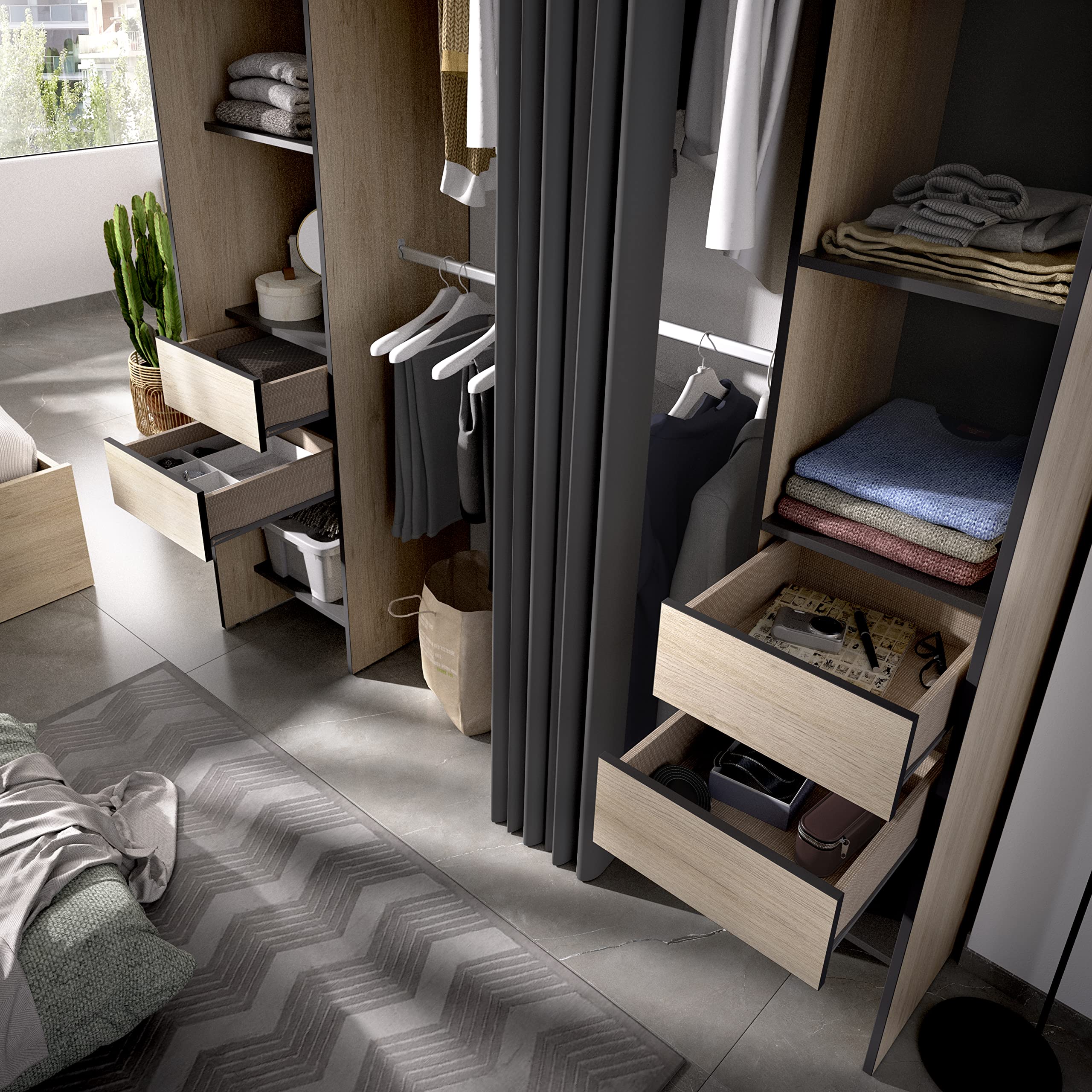DEKIT GRUPO RIMOBEL SUIT - Vestidor con estantes y curato cajones con cortina - Natural / Grafito - 205 X 50 X 177,5 cm