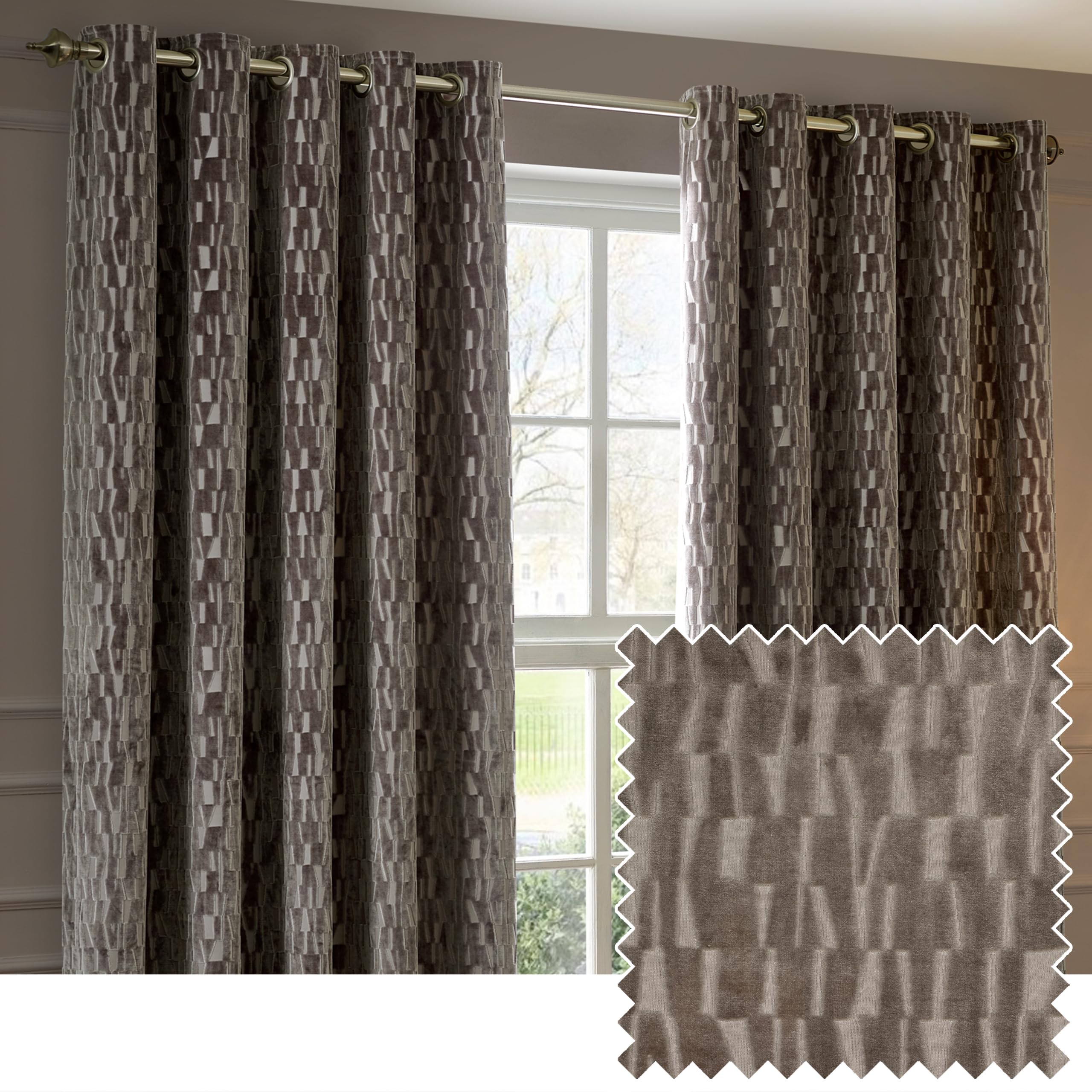 Paoletti Velvet Geometric Eyelet Curtains 229cm Width Brown