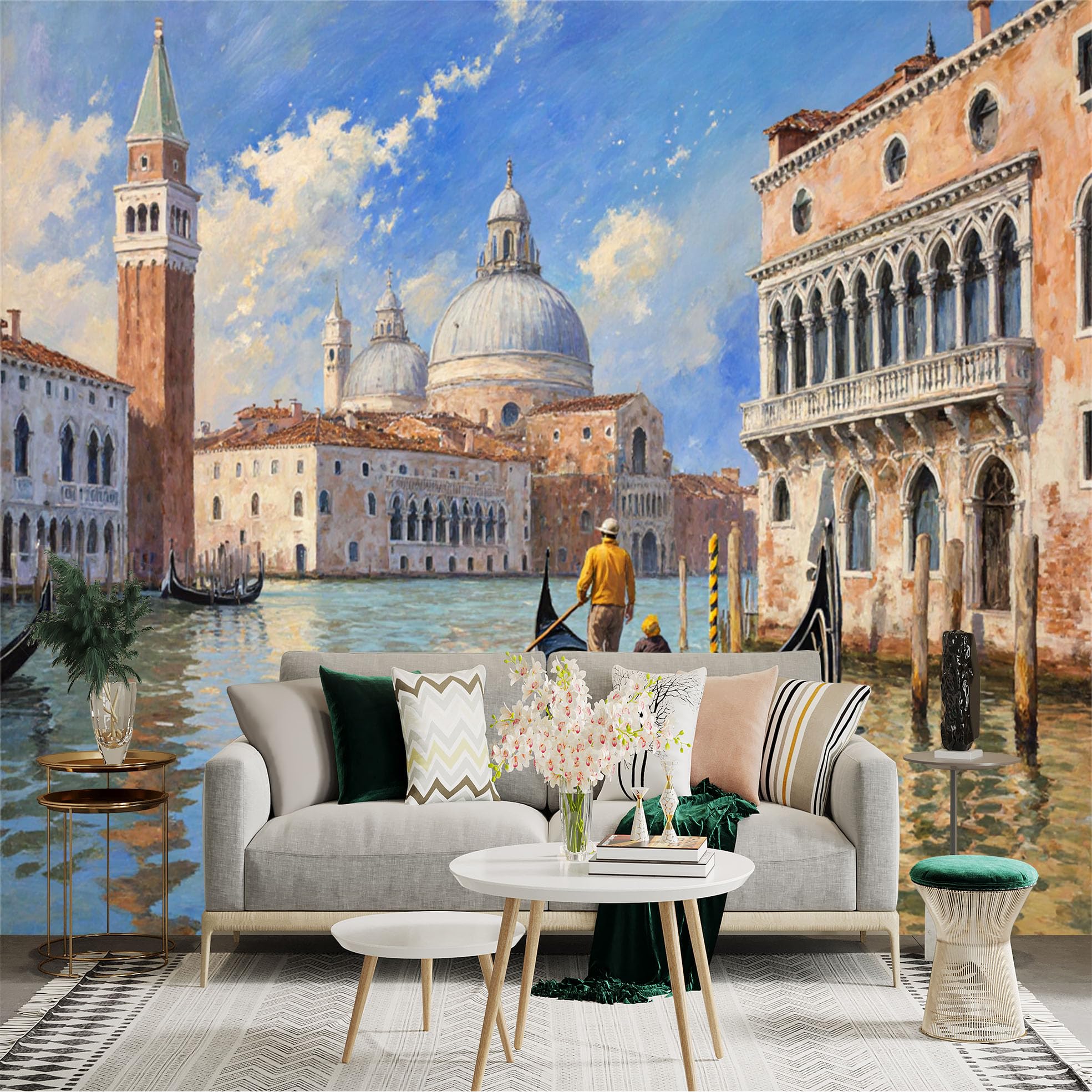 Custom Size Wall Sticker Mural， Canal with Gondolas and Historic Architecture Under Blue Sky， for wall Decoration， peelandstick wall Decals.