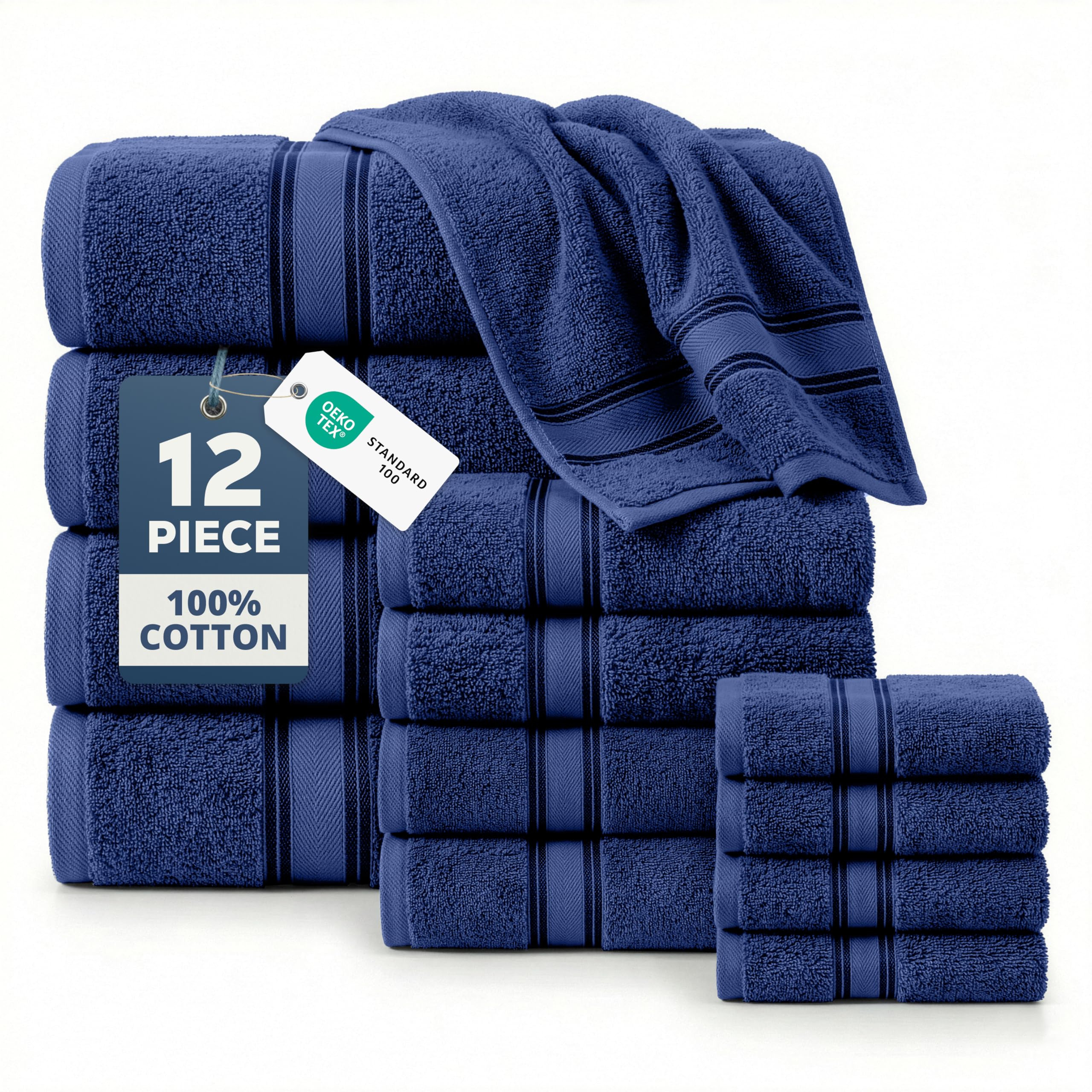 100% Mercerized Cotton Towels Set 12 – Zero Twist, 4 Bath Towels, 4 Hand Towel & 4 Washcloths, Stays Plush After Washes, Ideal for Spa, Hotel & Family Bathrooms, Highly Absorbent – Navy