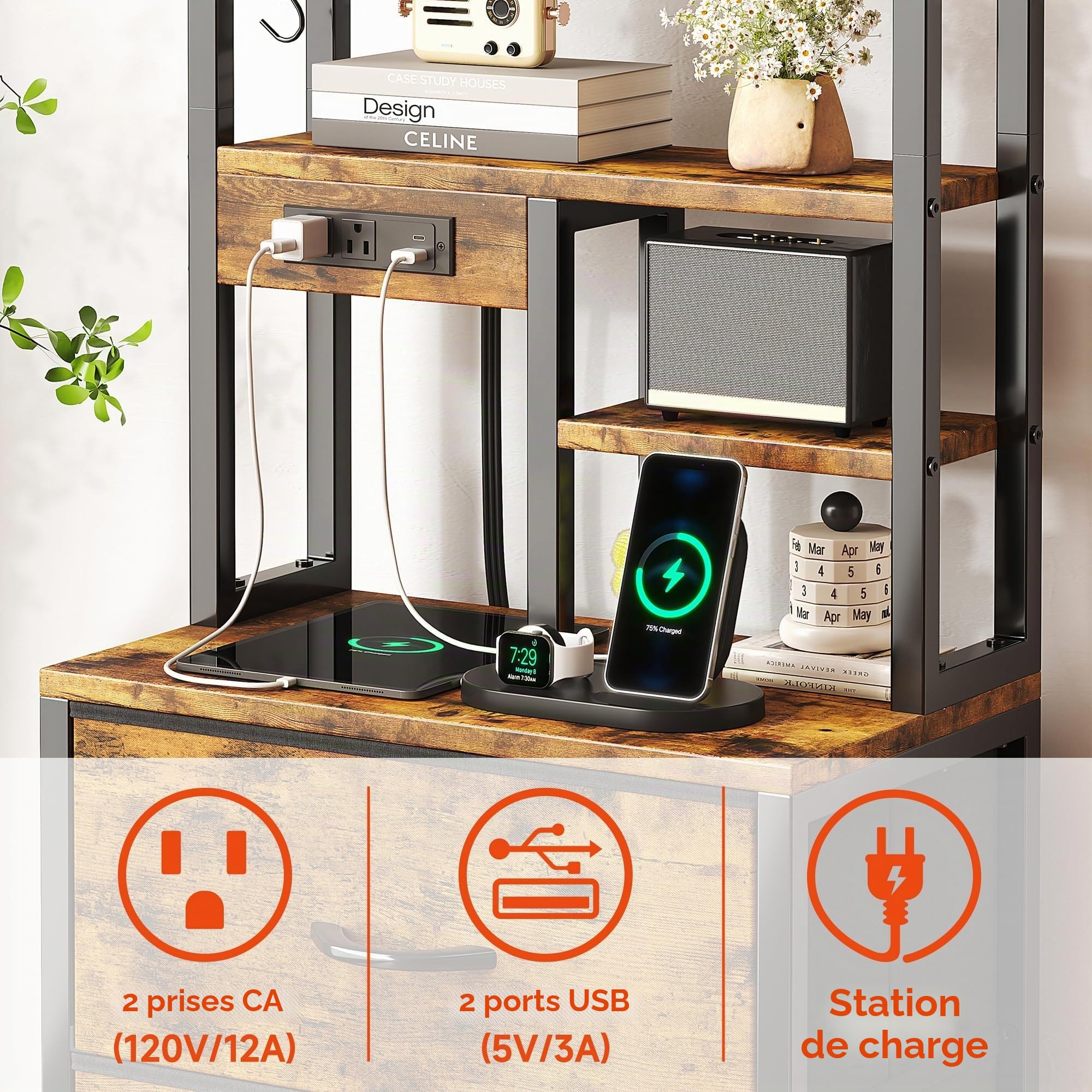 MUTUN Table de chevet avec station de charge et lumières LED, table de nuit haute avec 2 prises et 2 ports USB, table de canapé avec 3 tiroirs en tissu et étagère pour salon, chambre à coucher, bureau