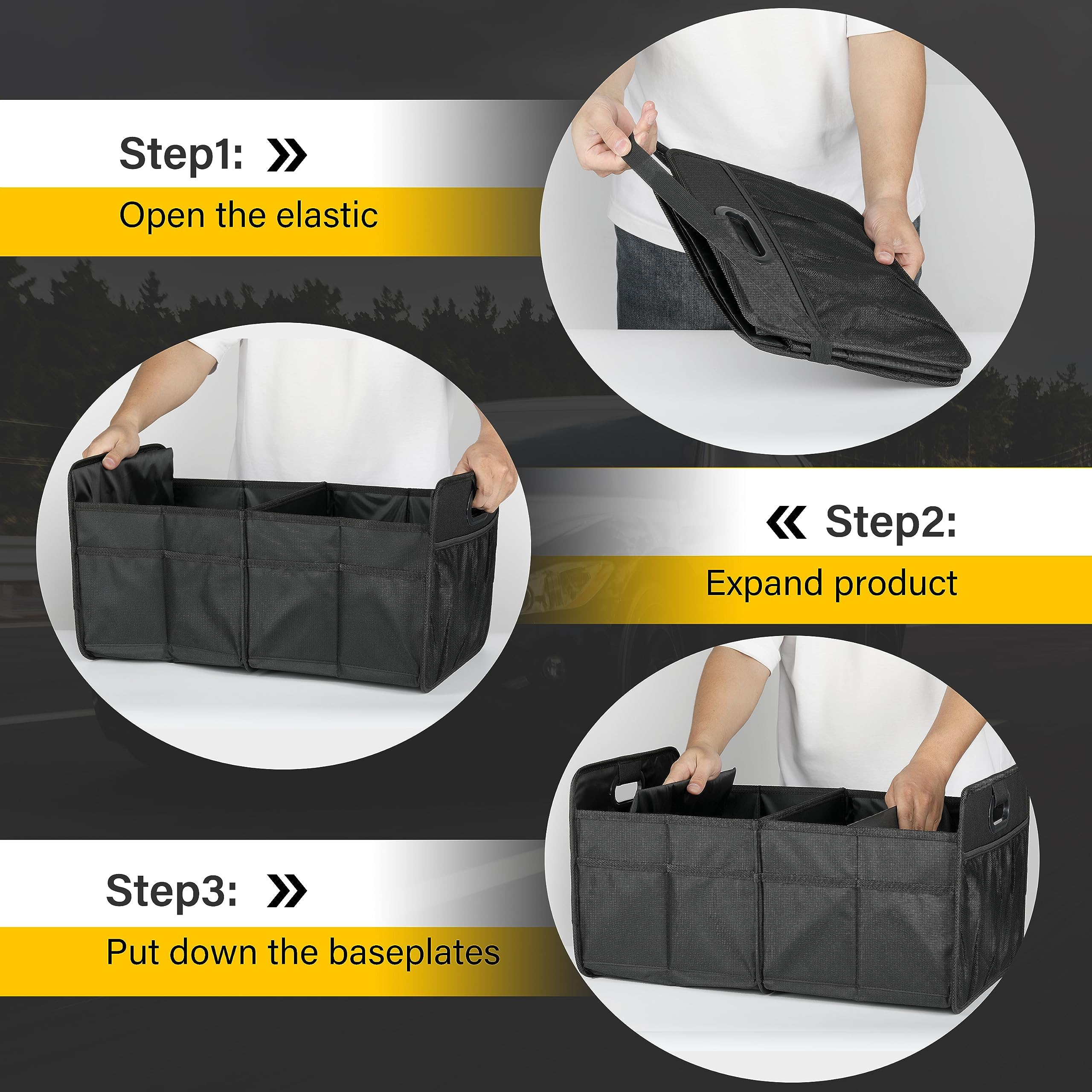 YSSOA Trunk Organizer for Car/SUV/Truck, Collapsible 2 Compartment Automotive Storage Box, 600D Waterproof Oxford Polyester 50L Travel Accessories, Anti-slip & Leak-proof, Black New 4