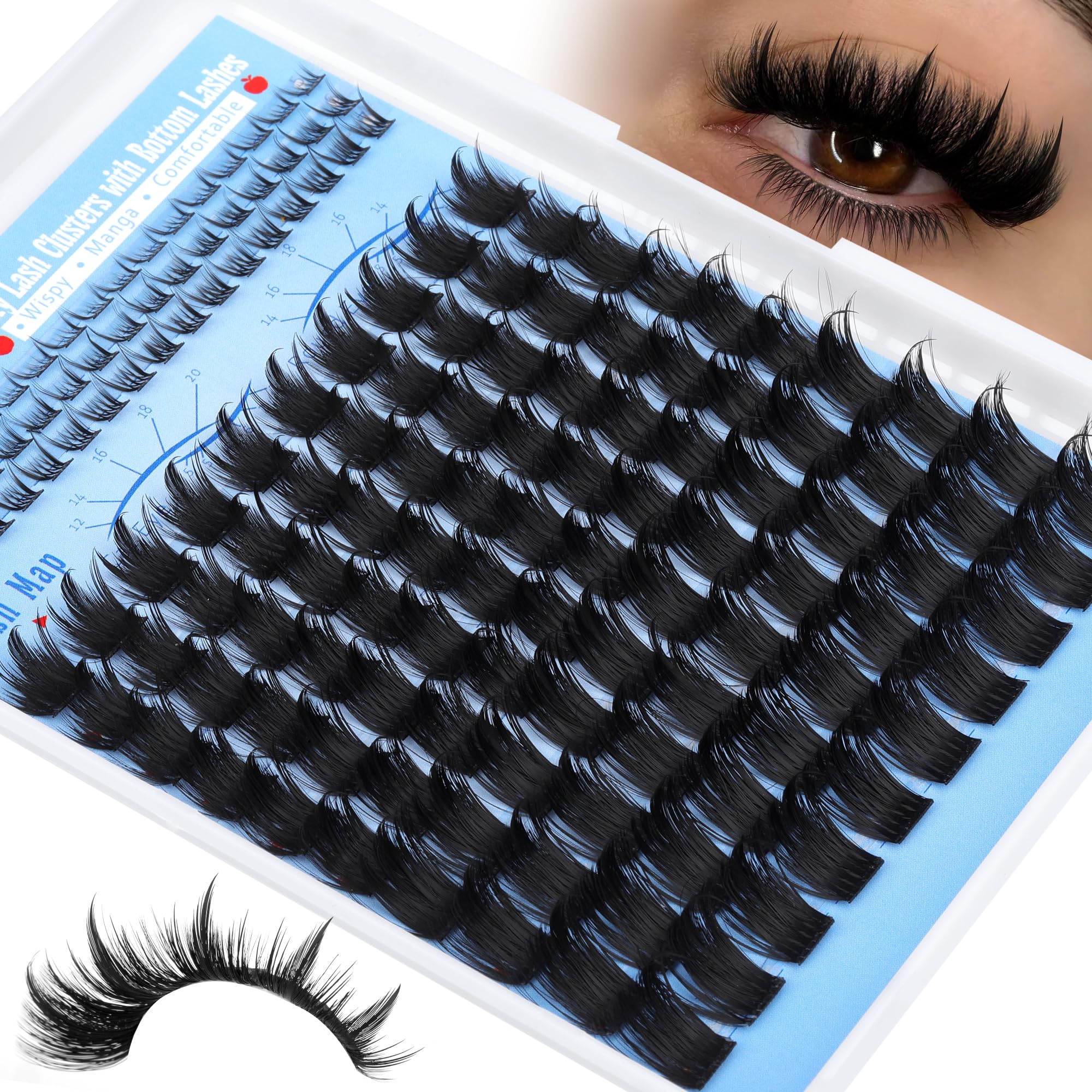 Manga Lash Clusters Thick Eyelash Clusters with Spiky 12-20mm Lash Extensions with Bottom Lashes Wispy D Curly Individual