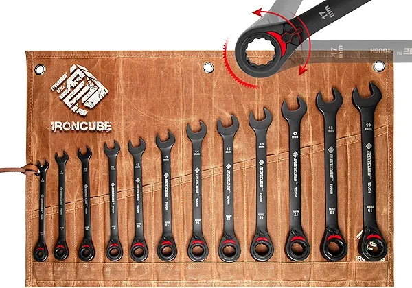 ironcube Reversible Ratcheting Wrench Set: 12-Piece Metric 8-19mm - Tough Black - Wax Canvas Storage Bag - Automotive and Motorcycle Repair Tools