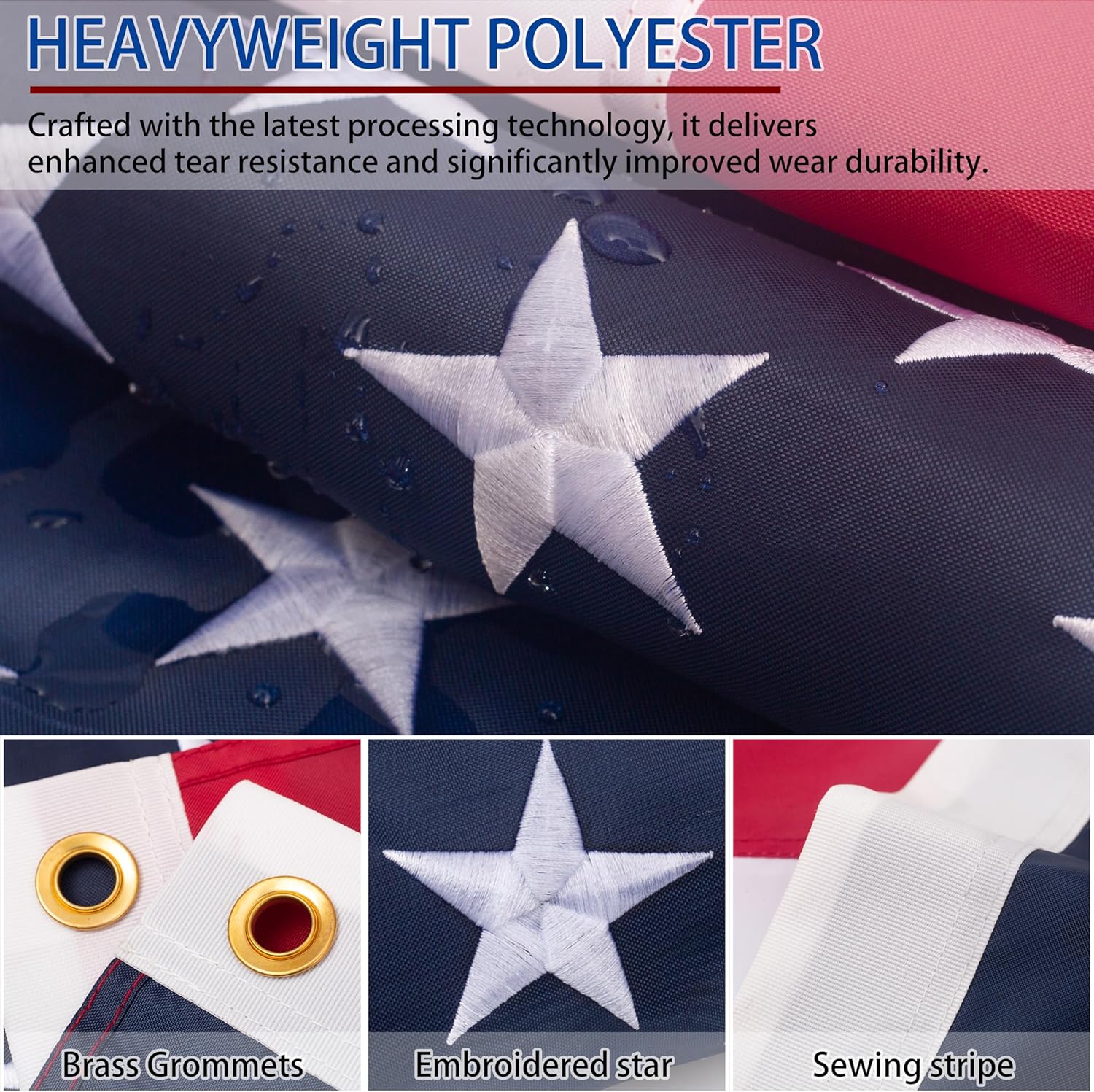American flag 3x5 FT for Outside, Heavy Duty Polyester Nylon USA Flag Outdoor with Embroidered Stars, Sewn Stripes, US Flag with Brass Grommets for Indoor, Outdoor, All Weather - Image 2