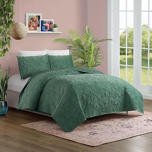 Miniatura 2 de JUNGALOW by Justina Blakeney Secret Garden - Juego de edredón de terciopelo verde ultra suave, 3 piezas, tamaño King