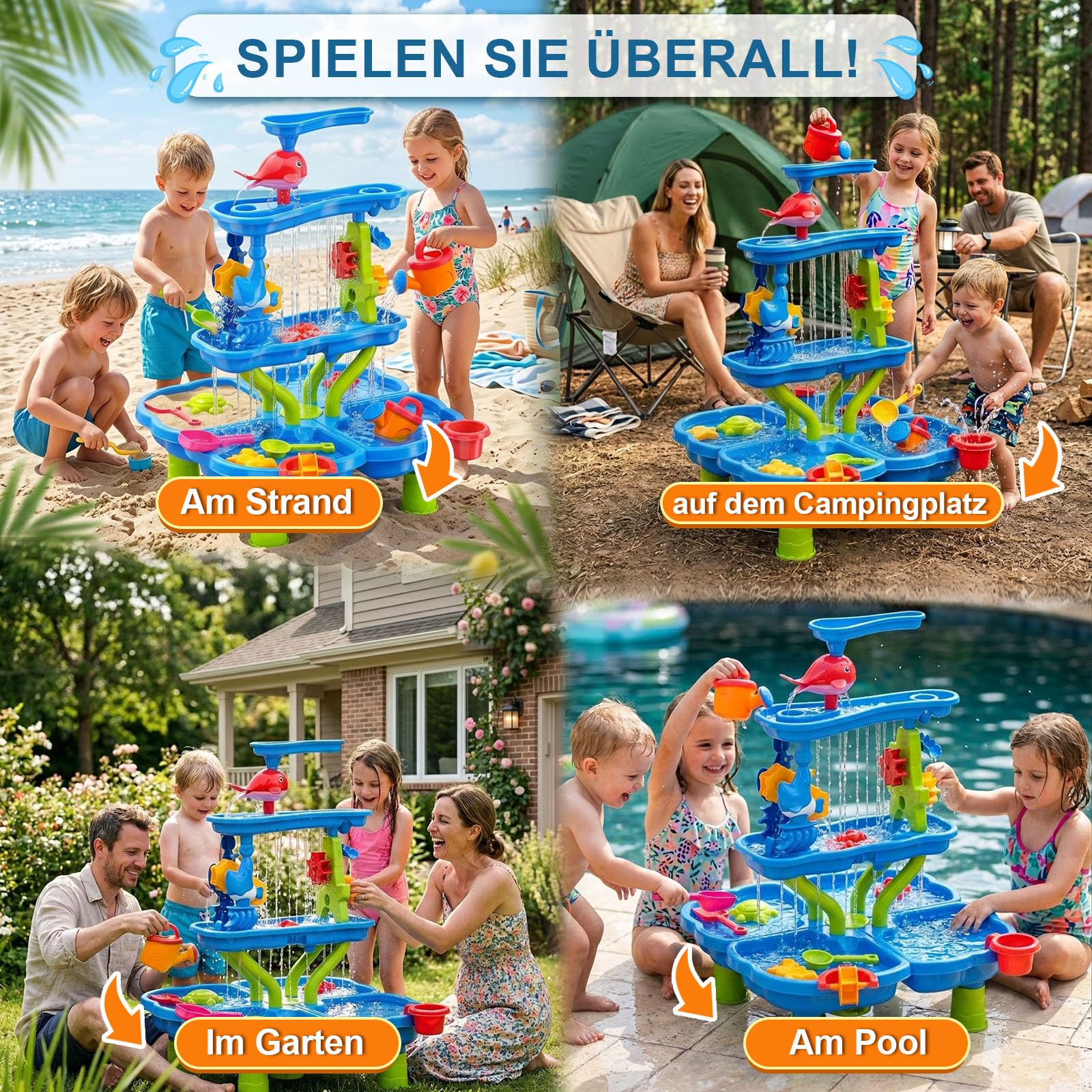Wasserspieltisch Kinder, 4-stufiger Sand- und Wasserspieltisch mit Sandkasten-Zubehör, Großer Wassertisch für Garten, Strand und Sommer, Wasserspielzeug für Kinder ab 3 Jahren