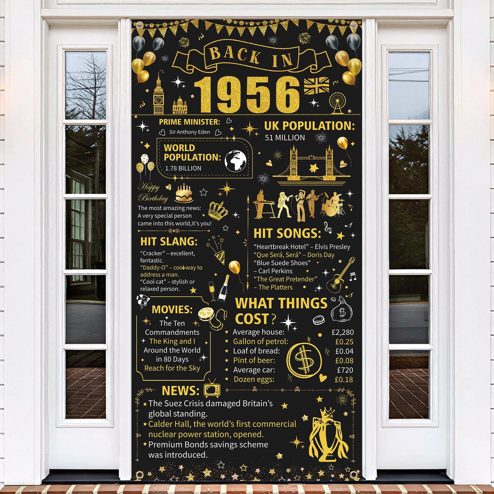 70th Birthday Door Cover Decorations, Black Gold Back in 1956 Banner Poster 90x180cm, Party Background for Men Women 70 Birthday Celebration