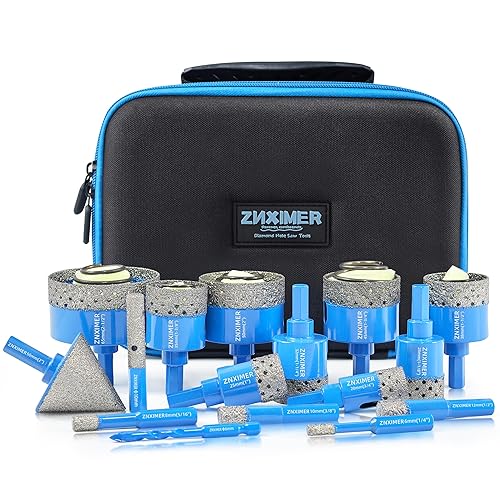 Tile Hole Saw Kit - ZNXIMER Diamond Hole Saw Kit for Tiles, Ceramic, Granite, Marble, Glass, Gypsum and More Drilling - 16pcs Tile Drill bit (6/8/10/12/20/25/28/32/35/38/45/50/65MM/2/6/10MM)