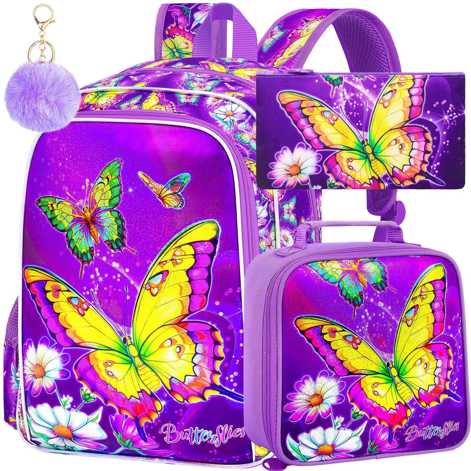 FTJCF 3Pcs Butterfly Backpack for Girls, 16" Kids Bookbag with Lunch Box，School Backpacks for Elementary Preschool Kindergarten (Purple)