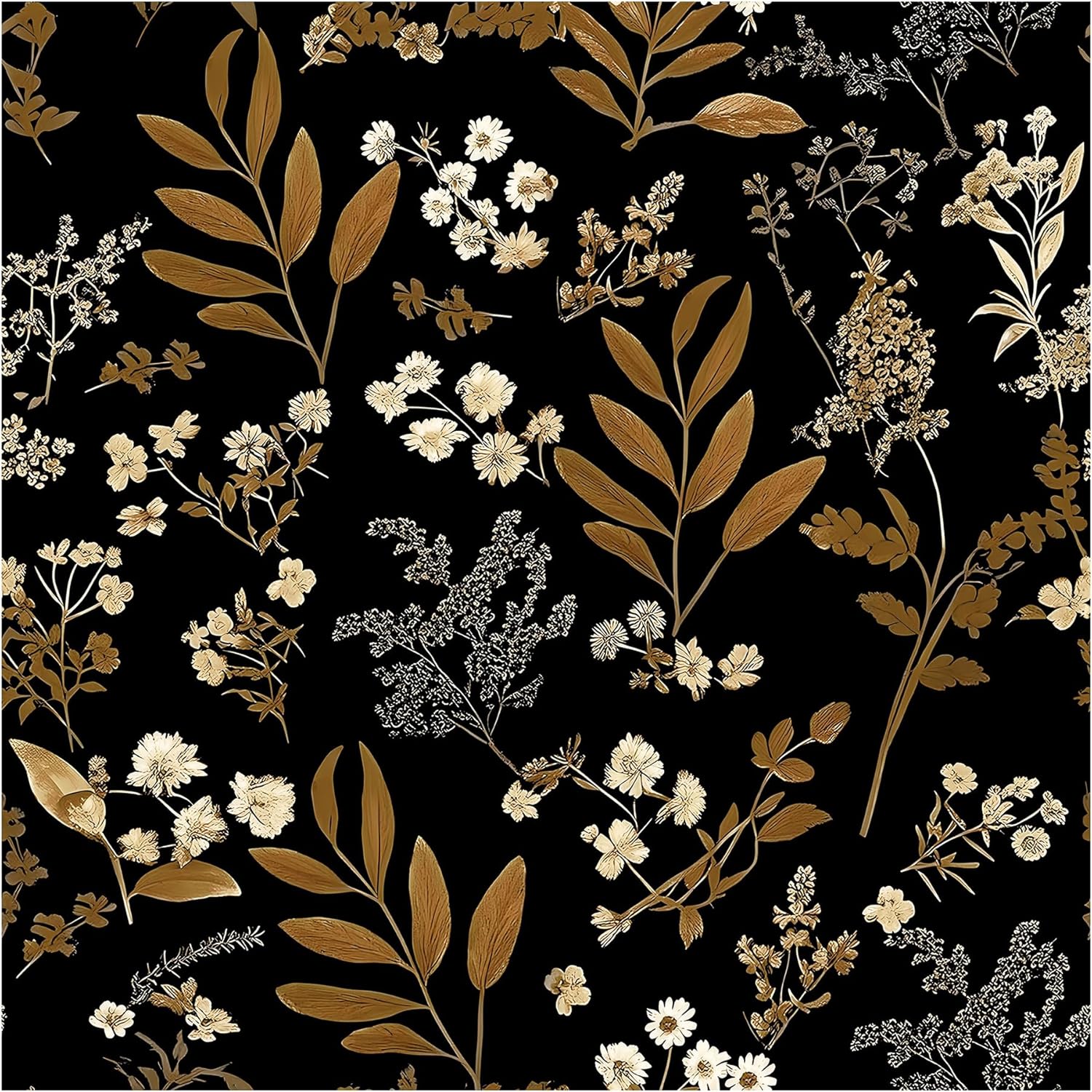 Peel and Stick Wallpaper Black Floral Wallpaper Vintage Contact Paper Gold Leaf 17.3''×393'' Self Adhesive Wall Paper Removable Boho Wallpapers Decorative for Bedroom Bathroom Cabinets Decor Vinyl