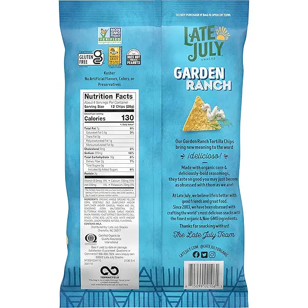 Late July Snacks, Garden Ranch Tortilla Chips, 7.8-oz. Bag (Pack of 12) 7