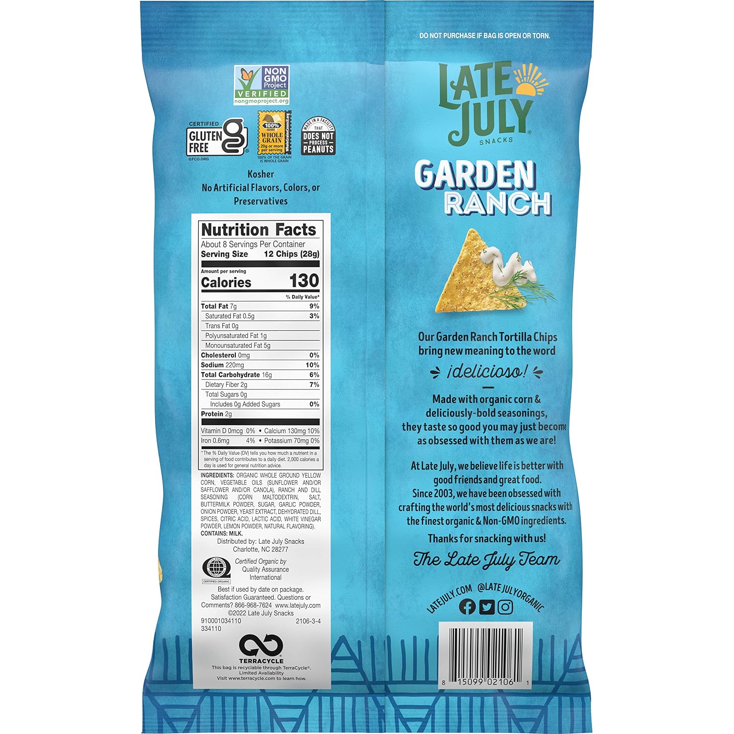 Late July Snacks, Garden Ranch Tortilla Chips, 7.8-oz. Bag (Pack of 12)