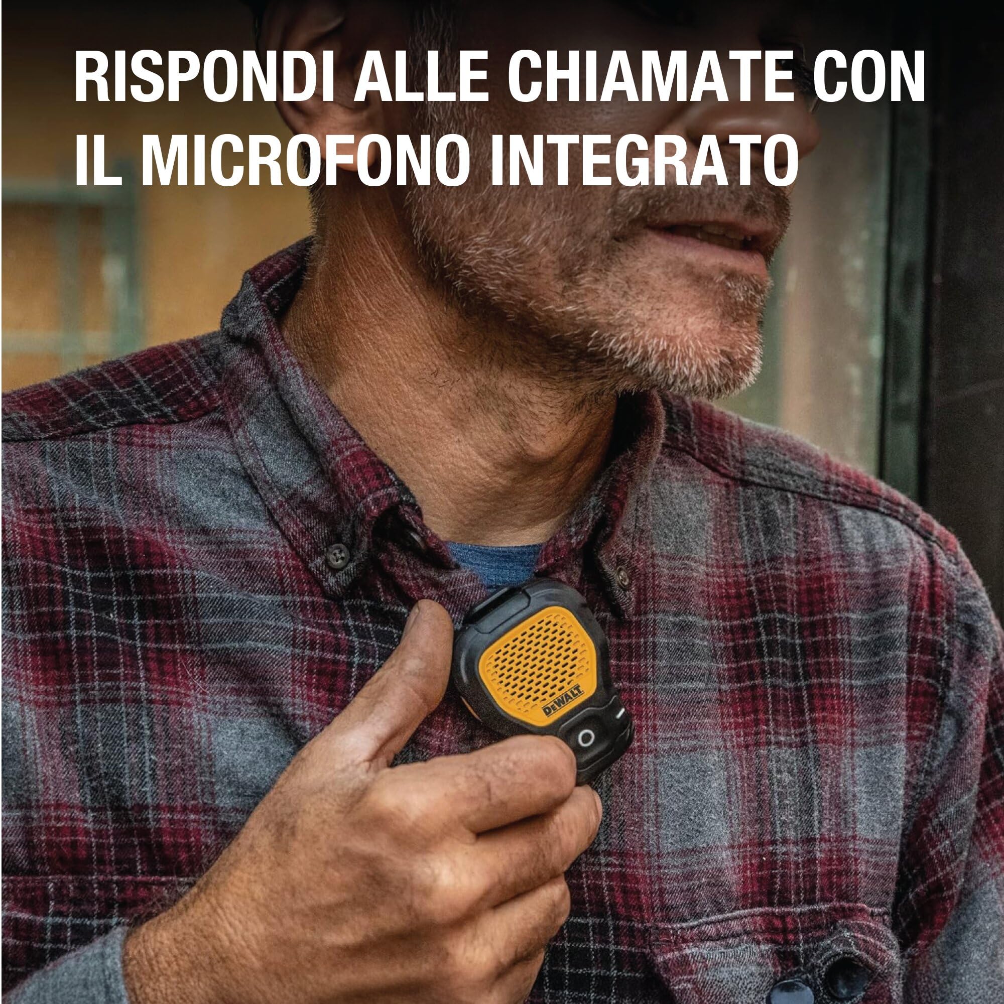 DEWALT Jobsite Pro Speaker Bluetooth Indossabile, Mini Altoparlante Portatile Wireless con Clip e Magneti, IP56 Impermeabile e Antipolvere, Microfono Integrato, Perfetto per Cantiere e Outdoor