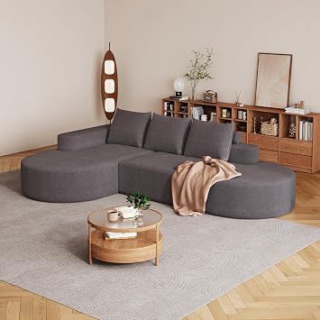 roomfitters 108.5" Modern Curved Chenille Sectional Sofa, Modular L-Shaped Couch with 3 Pillows, Left Chaise, Grey