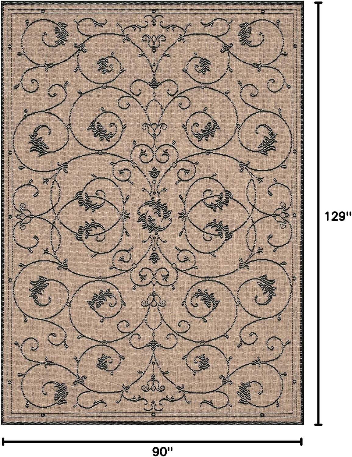 Couristan Recife Indoor Outdoor Rug - Veranda 7'6" x 10'9" Rectangle in Brown and Black, Floral Scroll, Hose Washable, Pet- Kid Friendly Home Decor for Living Room, Patio Furniture Set, Kitchen