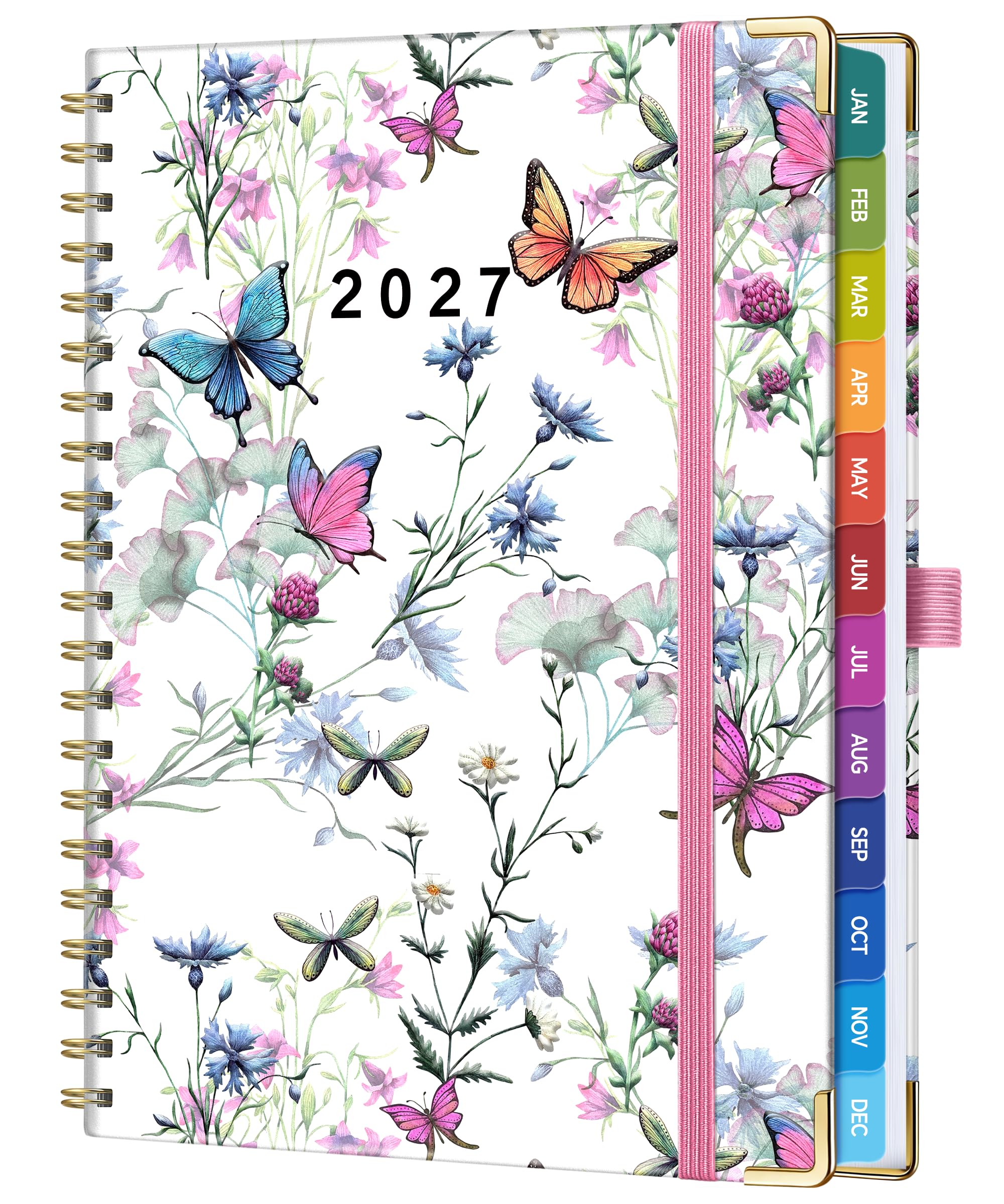 Agenda settimanale e mensile 2027, grande A4 (21,6 x 27,9 cm), agenda a spirale con copertina rigida, 160 pagine, carta da 100 g/m², portapenne, chiusura elastica, tasca, segnalibro a nastro