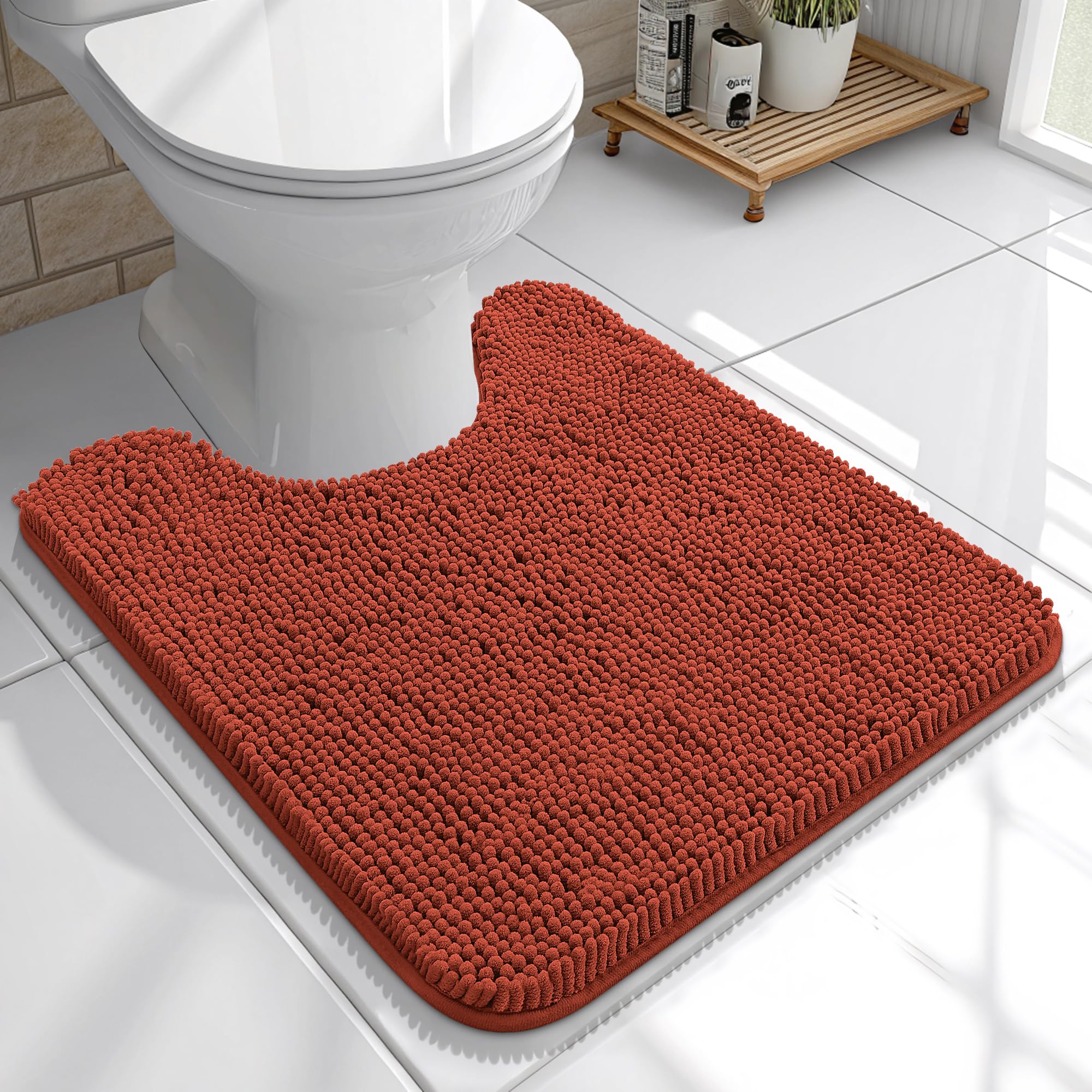 OLANLY Toilet Rugs U-Shaped 20x20, Soft Absorbent Chenille Contour Rugs | Rustic Terracotta, Quick-Drying Rubber Backing, Washable Non-Slip Shaggy Bathroom Mat for Toilet, Home Decor Accessories