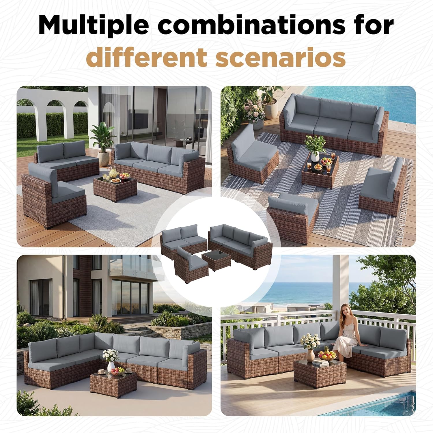 LHBcraft Patio Furniture Set,7 Pieces Outdoor Wicker Rattan Patio Furniture, Wicker Rattan Outdoor Sectional Sofa Set with Coffee Table for Garden, Taupe-Blue