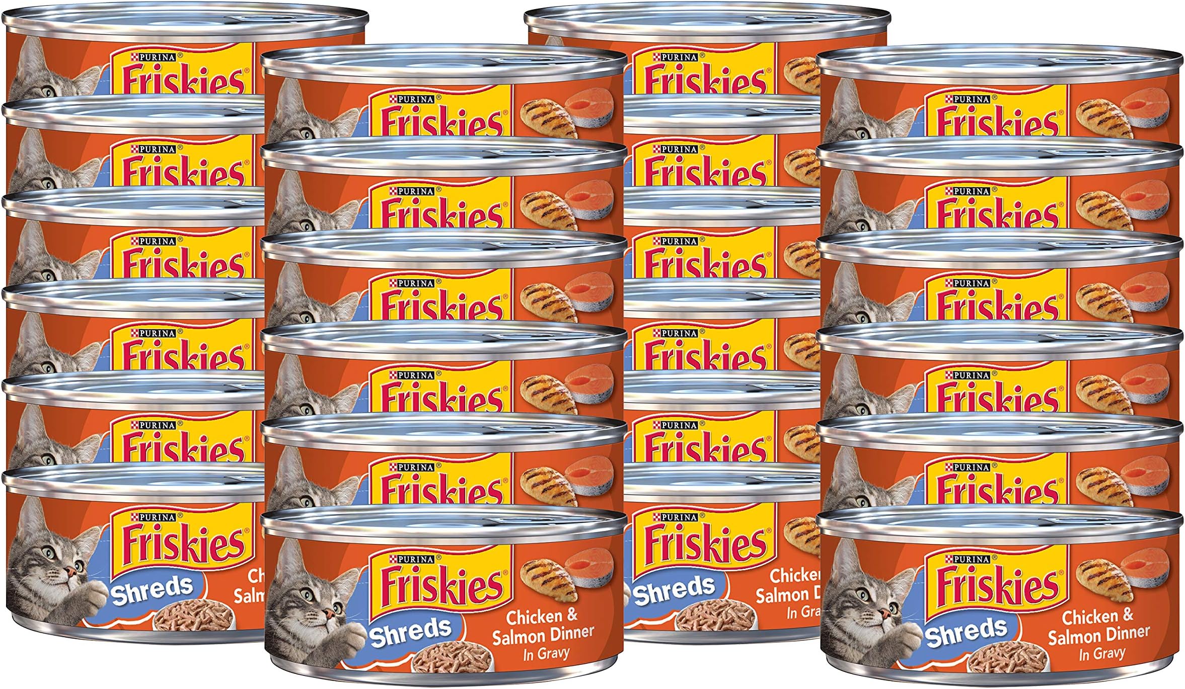 Friskies Purina Shreds Wet Cat Food, Real Chicken & Salmon Dinner in Gravy with Vitamins & Minerals, Wet Cat Food for Kittens & Adult Cats, 5.5 OZ Can (Pack of 24)