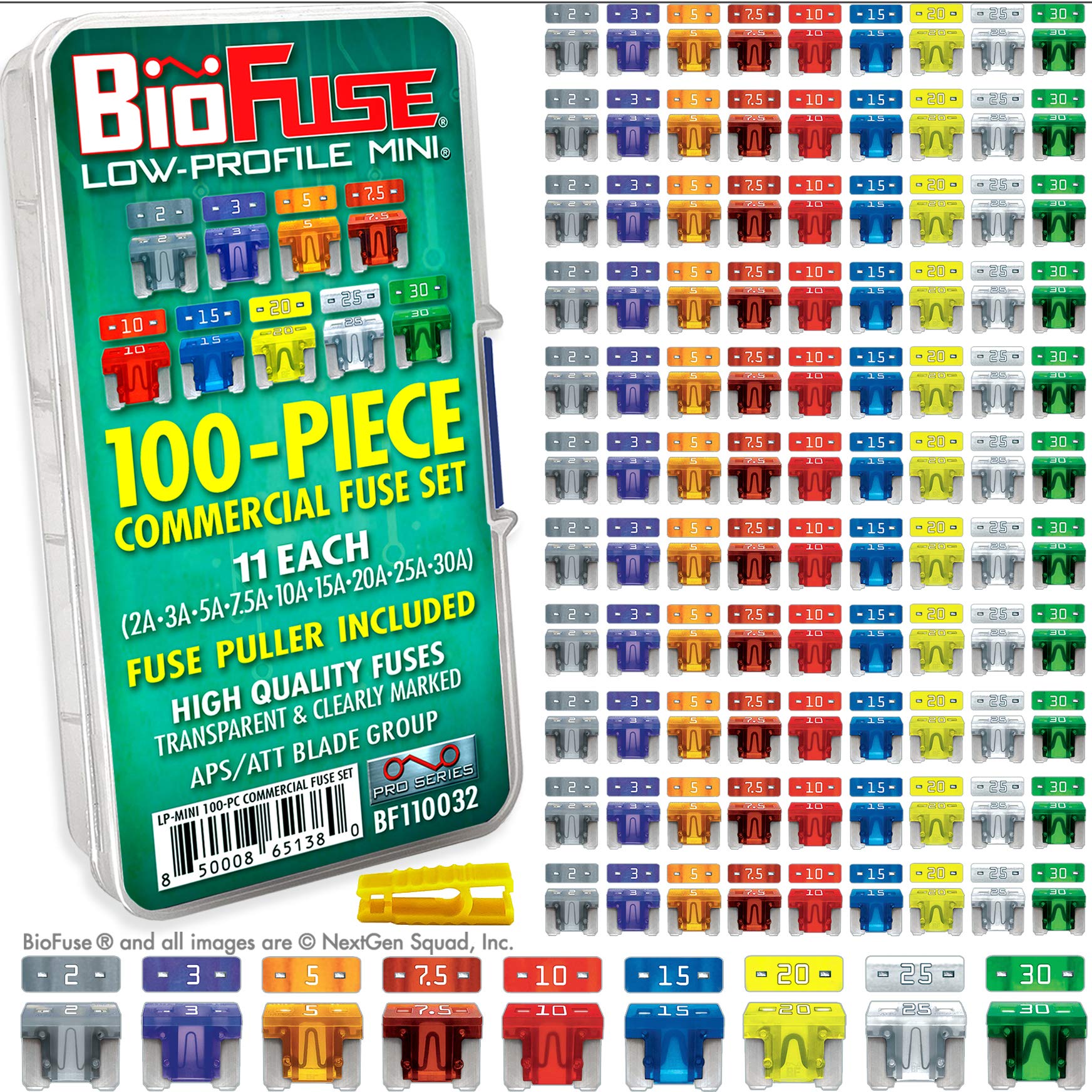 BioFuse Low Profile Mini ATT 100 Piece Automotive Commercial Car Fuse Assortment (99 LP-Mini Blade Fuses + Fuse Puller) 2A 3A 5A 7.5A 10A 15A 20A 25A 30A