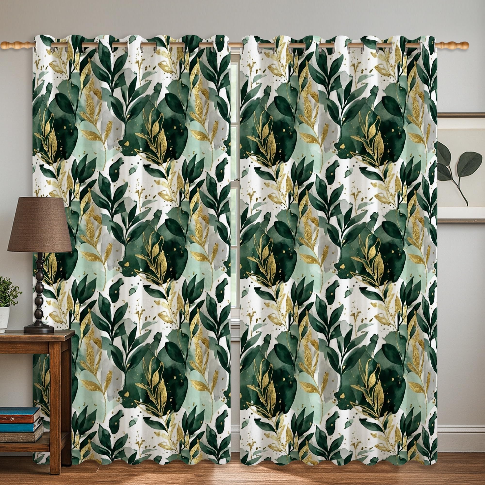 Rideaux occultants motif feuilles vert doré de haute qualité