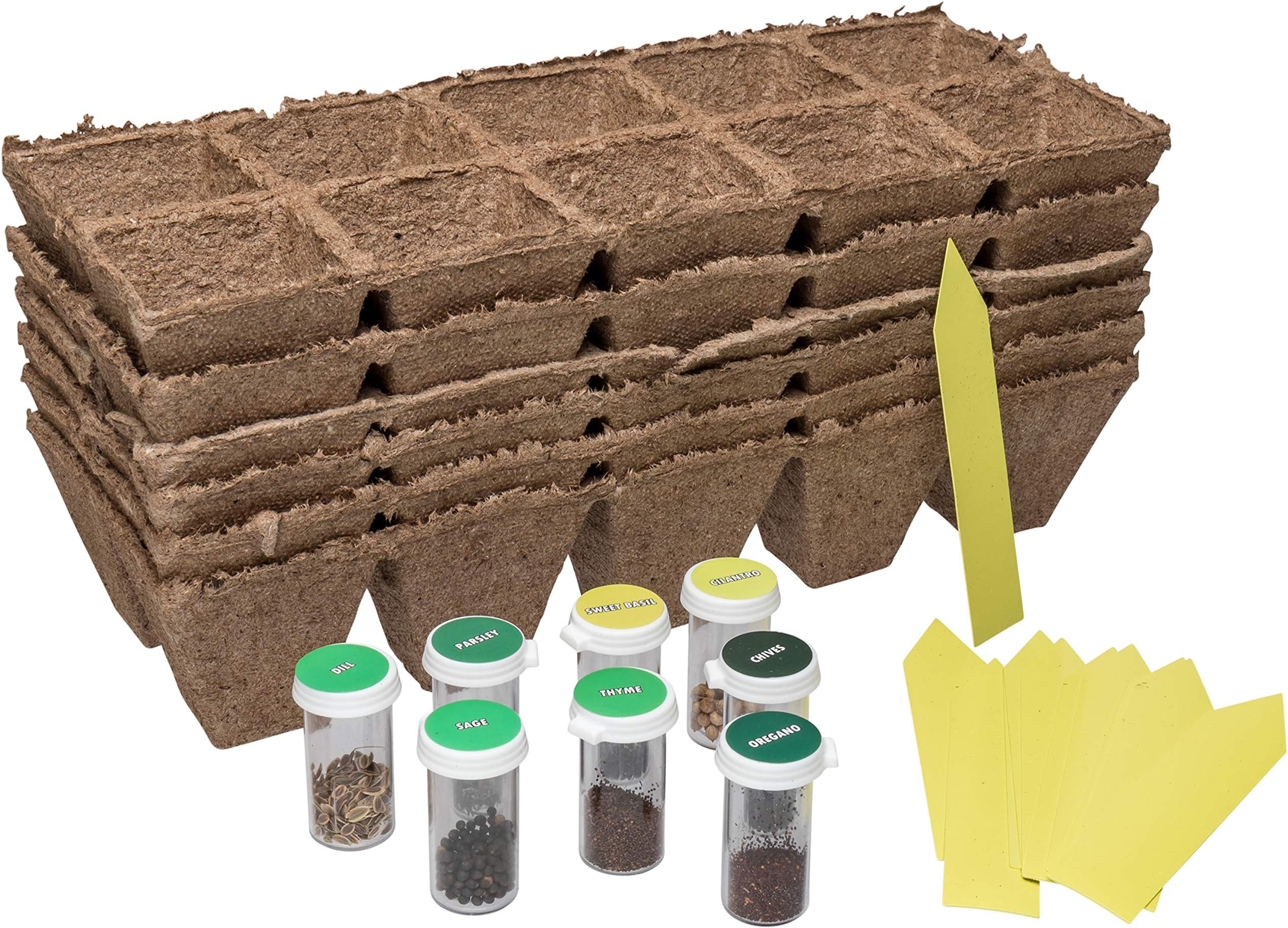 Herb Garden Seed Starter Kit | Grow 8 Fresh Organic Herbs & Spices at Home | Includes Six 10 Cell Starter Peat Trays (60 Cells) & 10 Easy Read Yellow Label Tags
