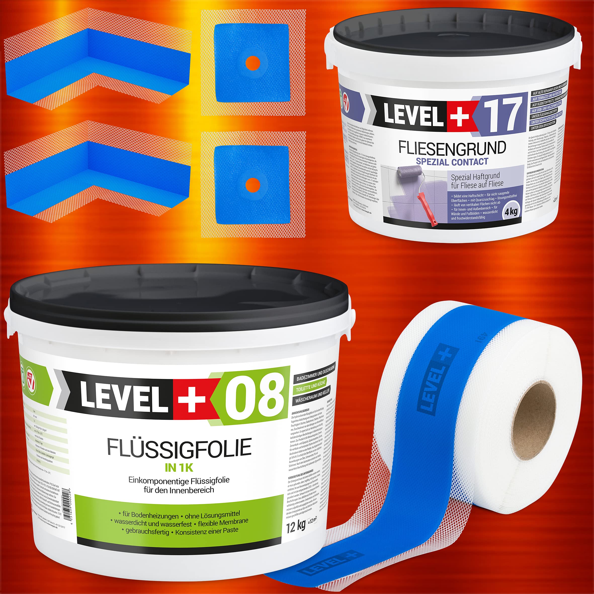 SET338 - Set de sellado para baño (12 kg, lámina líquida, 4 kg de fondo, 20 m de cinta de sellado, 2 esquinas interiores, 2 manguitos de pared, ducha, baño)