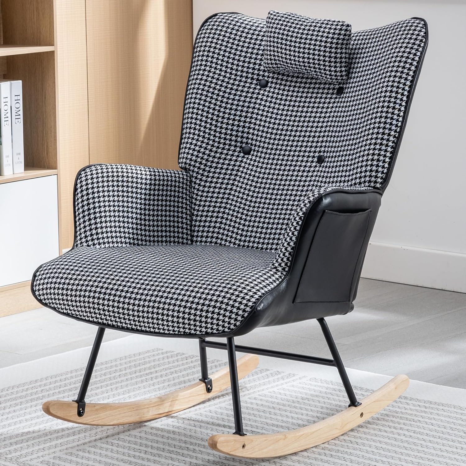 35.5” Nursery Rocking Upholstered Glider Chair with High Backrest Armchair for Living Room Bedroom L-Shape Cotton Linen/Leather PHO_12O4 1 28.54 Black