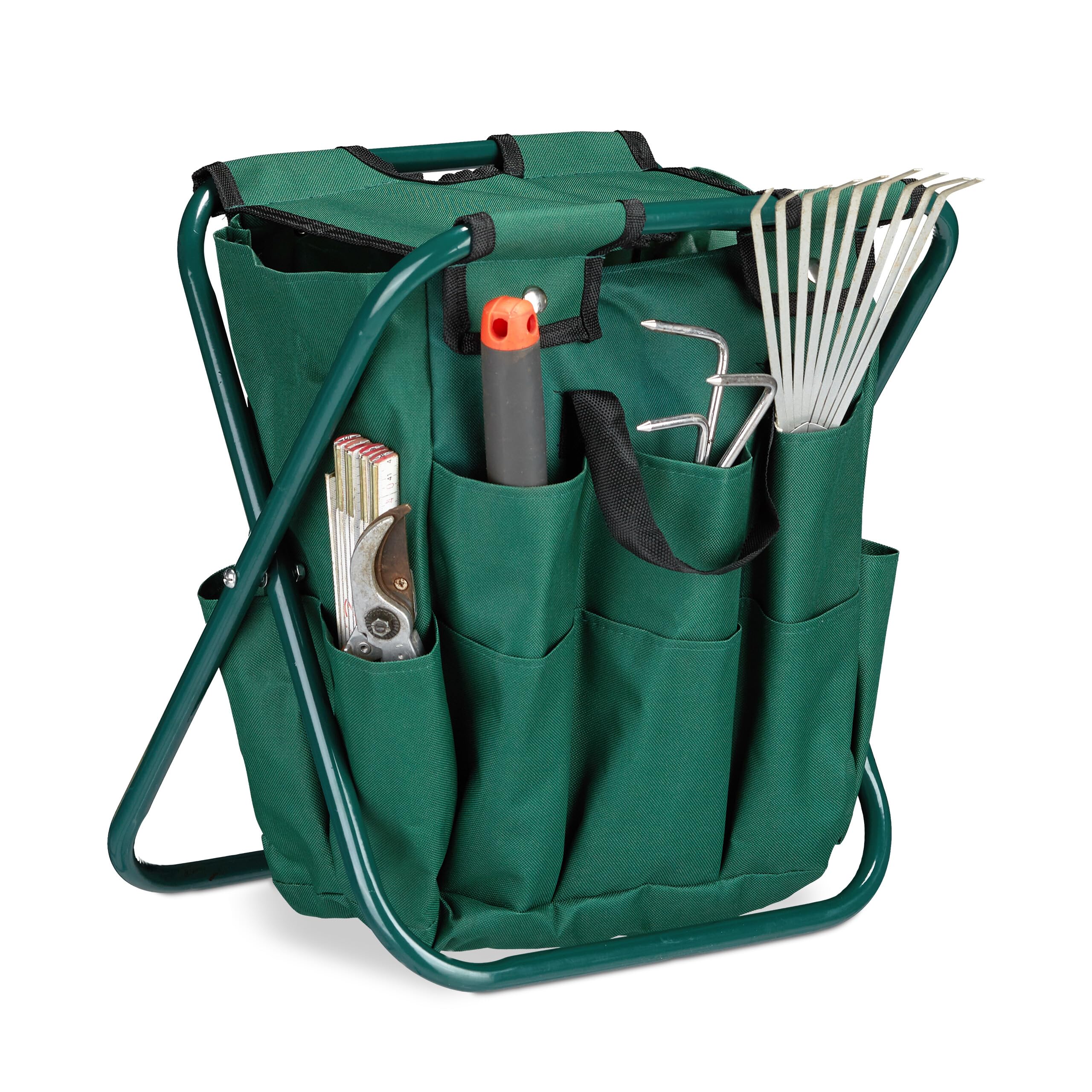 Relaxdays 10020714 Tabouret porte-outils de jardinage 16 poches et compartiment intérieur pliable HxlxP: 42 x 30 x 39 cm, vert