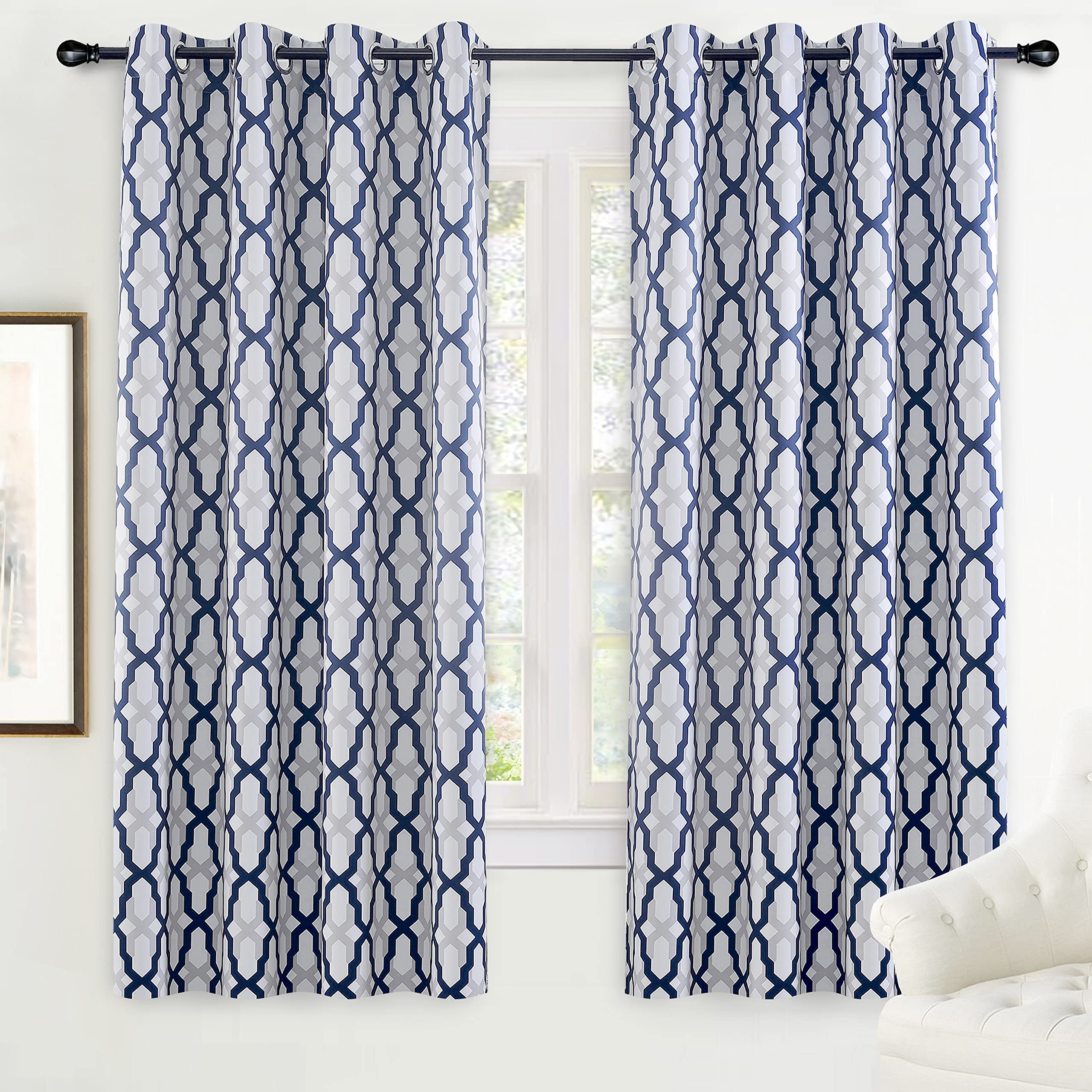 DriftAway Mason Thermal Blackout Grommet Window Curtains Geometric Trellis Pattern 2 Panels Each 52 Inch by 72 Inch Navy