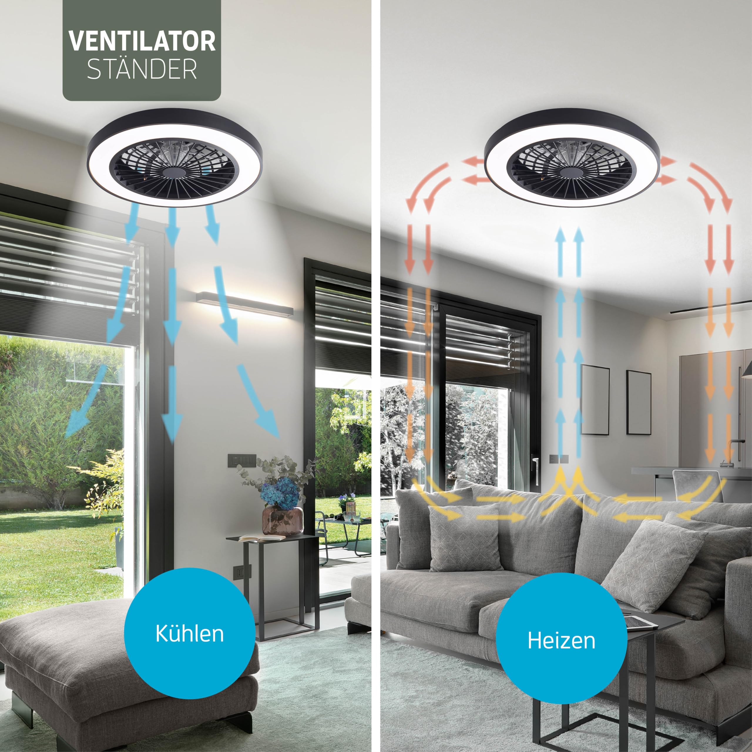 Varin® Smart Deckenventilator mit Beleuchtung, Ø 50 cm - Schwarz/Schwarz | Deckenlampe mit Ventilator Schlafzimmer, Tuya WLAN, LED 30W RGBW, Ventilator Leise , Fernbedienung, 3000K bis 6000K