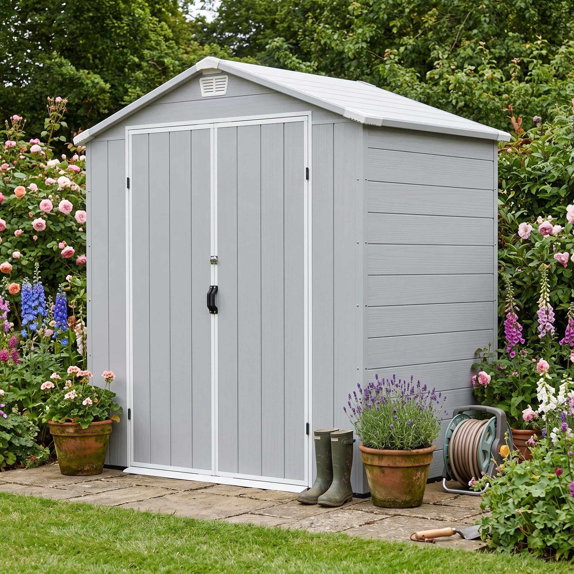 JUMMICO Casetta da Giardino in Resina 195x128x211 cm, Capanno Attrezzi Impermeabile Anti-UV con Ventilazione Integrata, Facile Montaggio, Ideale per Terrazzo e Balcone, Grigio