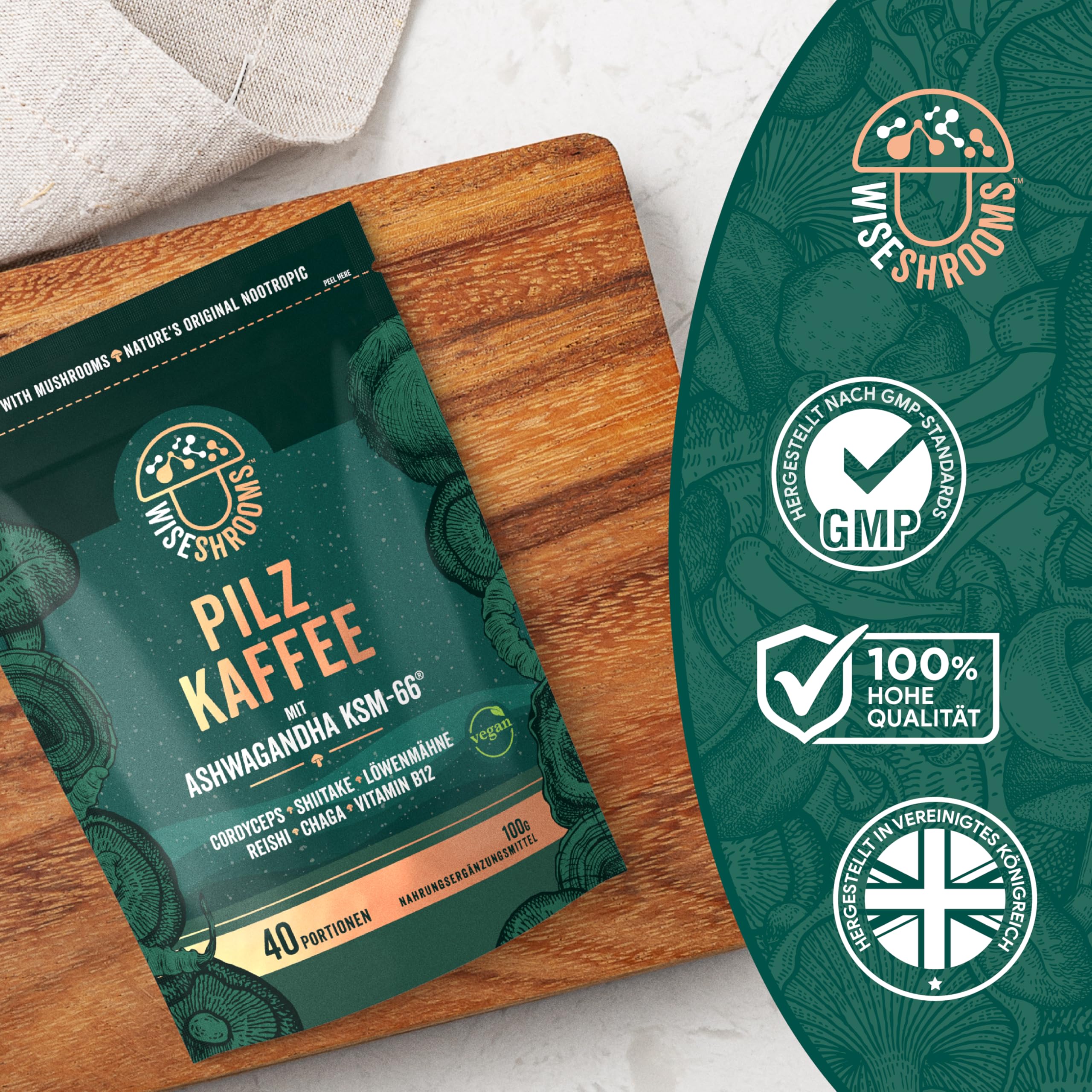 Pilz Kaffee mit Ashwagandha KSM-66 | 40 Portionen | 5 Pilz Komplex mit Löwenmähne, Cordyceps, Shiitake, Reishi, Chaga & Zugesetzt Vitamin B12 | von Wiseshrooms