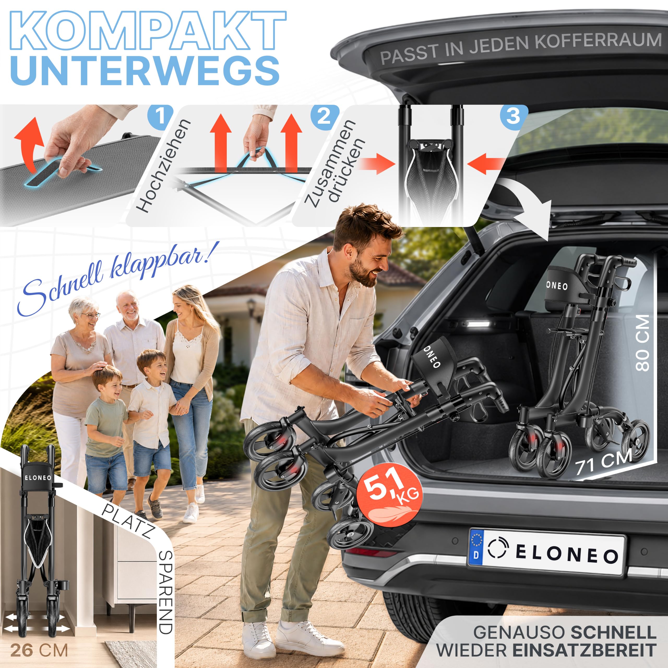 ELONEO Rollator faltbar und leicht mit Sitz - ultraleicht (5,1kg), Leichtgewicht-Reiserollator aus Aluminium, Gehhilfe höhenverstellbar und faltbar, Laufhilfe mit Tasche & Schirmhalter, schwarz