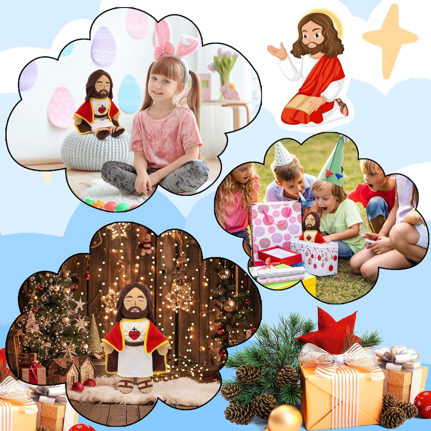 Yelakey 13.4" Jesus Plush Doll for Kids Jesus Plushie with Red Gold-Trimmed Shawl Christian Religious Gift for Christening & Easter Decoration (Red)