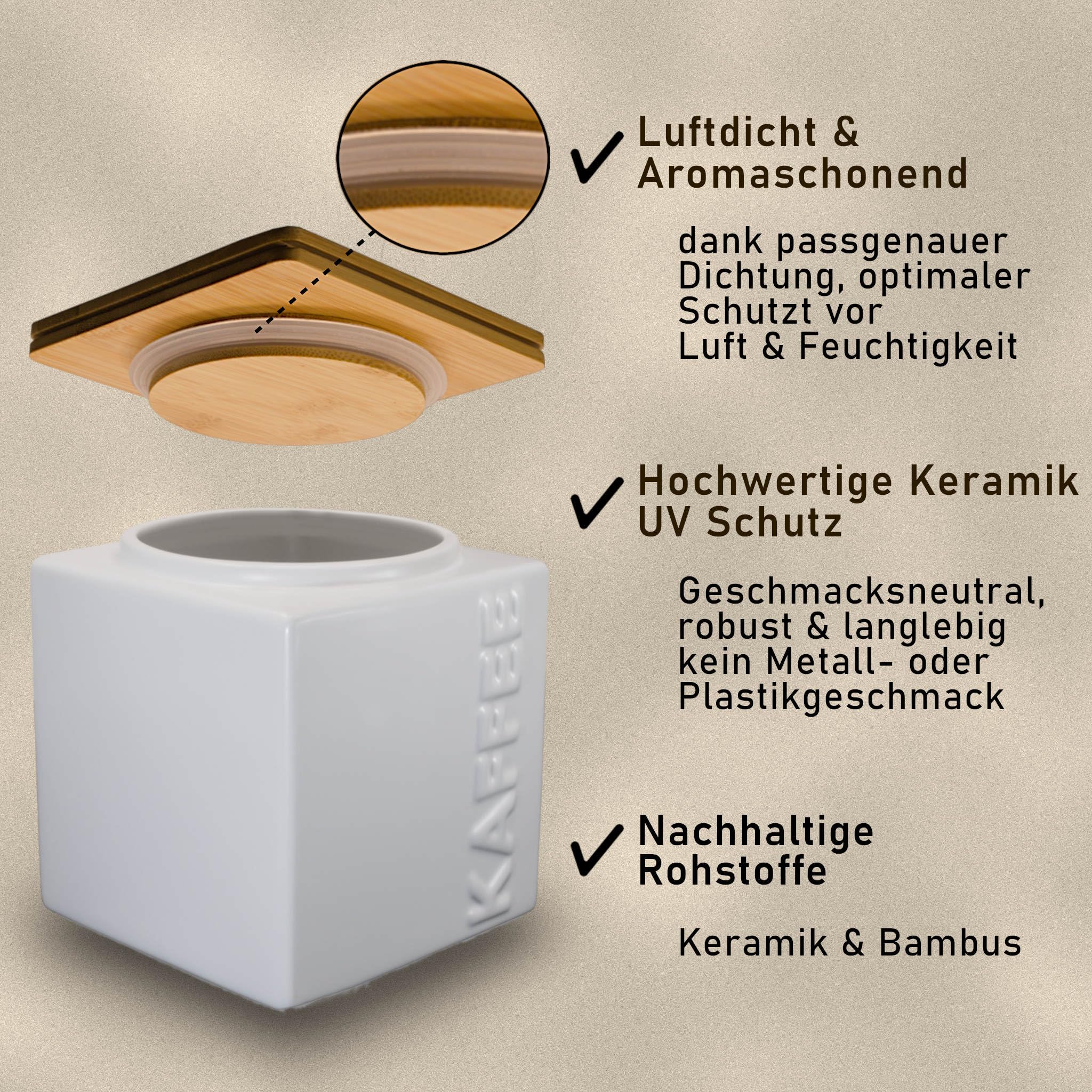 Kaffeedose & Zuckerdose Set - Luftdichtes Vorratsdosen Set Keramik - 2x Dosierlöffel Bambus - Bambusdeckel