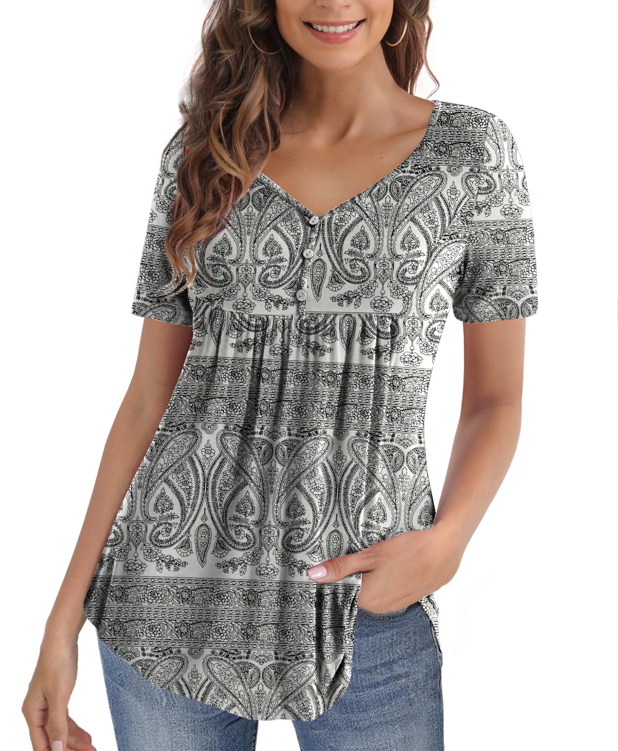 U.Vomade Womens Summer Tops V Neck Buttons Pleated Flared Plus Size Blouses M-4X