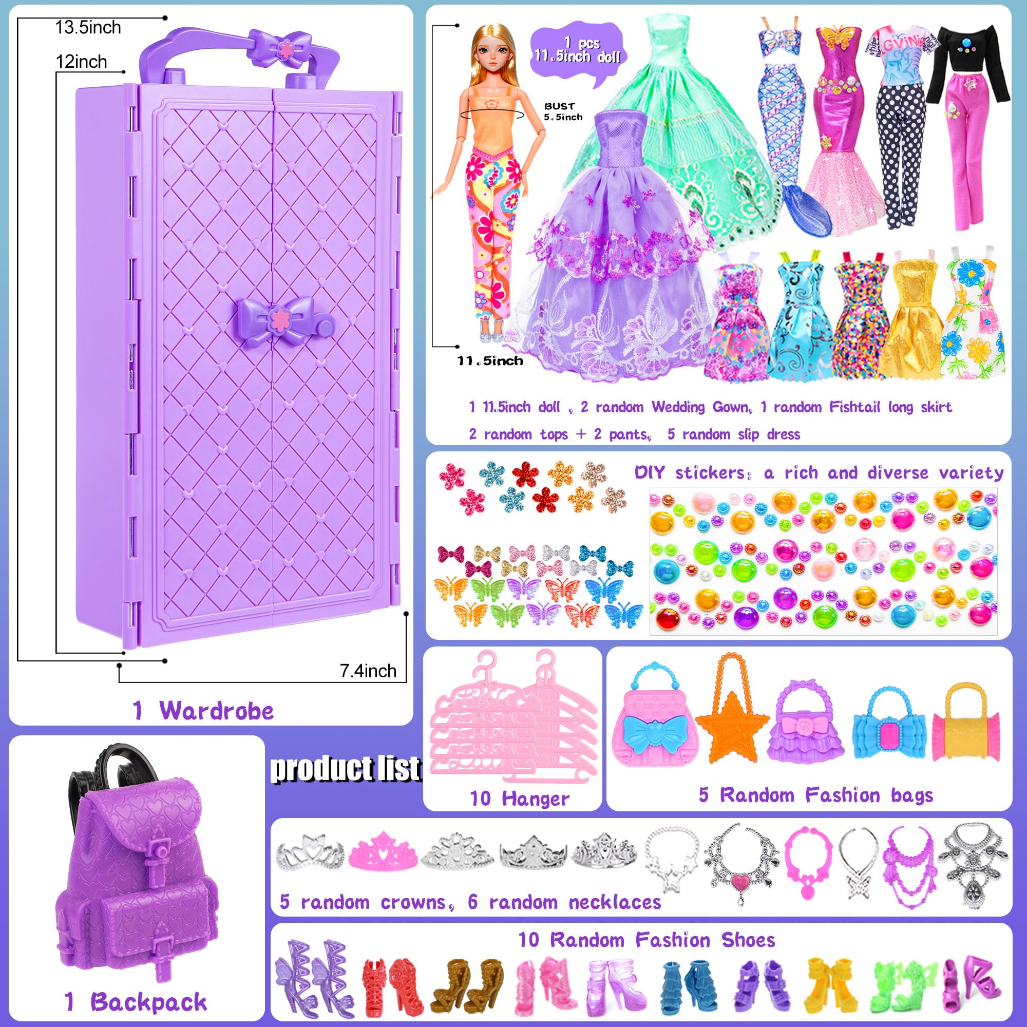 92pcs 11.5 inch Girl Doll with Clothes Accessories and Closet Set Including Long Princess Dress Outfits Shoes Handbags Necklaces DIY Bead Stickers for Design Kit Girl Doll Dress Up (Include Doll)