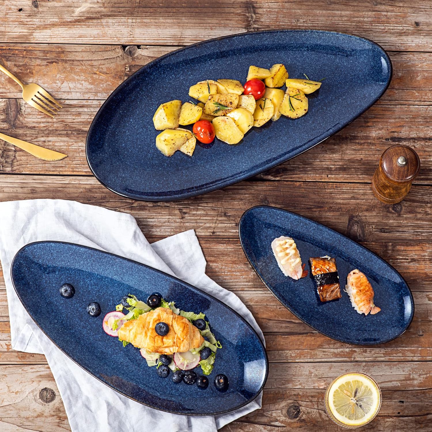 vicrays Large Oval Serving Platters, 16"/14"/10" Porcelain Serving Platters for Party, BBQ,Stackable Serving Trays Serving Plates for Appetizers, Sushi, Restaurant, Dessert, Set of 3 (Blue) - Image 3