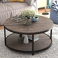 NSdirect 36" Round Coffee Table for Living Room - 2-Tier Rustic Wood with Storage Shelf, Light Walnut Finish