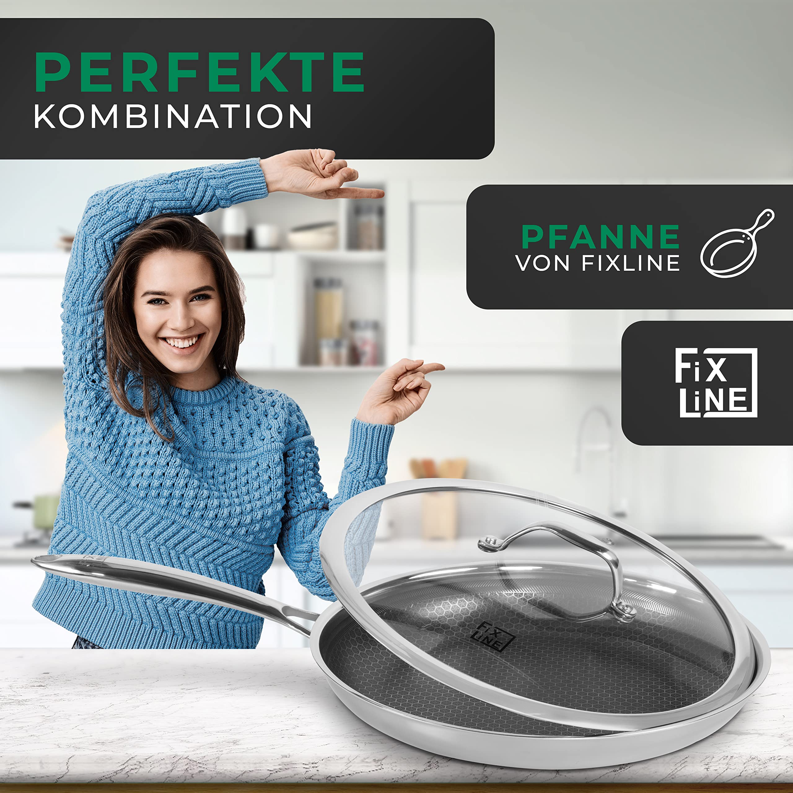FIXLINE® Coperchio in vetro 28 cm – Coperchio universale in vetro temperato con uscita vapore e bordo in acciaio inox – Coperchio per padella e coperchio adatto per padelle e pentole Ø 28 cm