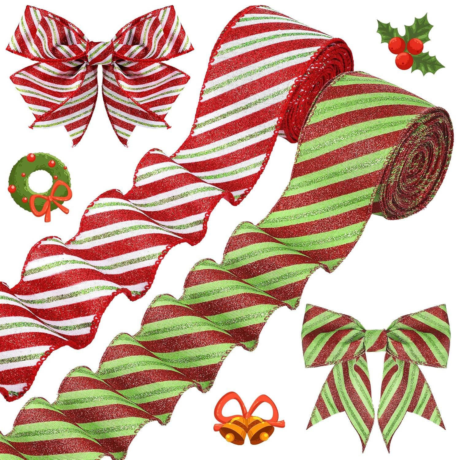 Dusenly 2 Rolls Christmas Wired Ribbon 2.5 Inch 10 Yards Christmas Ribbon for DIY Crafts Red Green Xmas Ribbons for Crafts Decoration