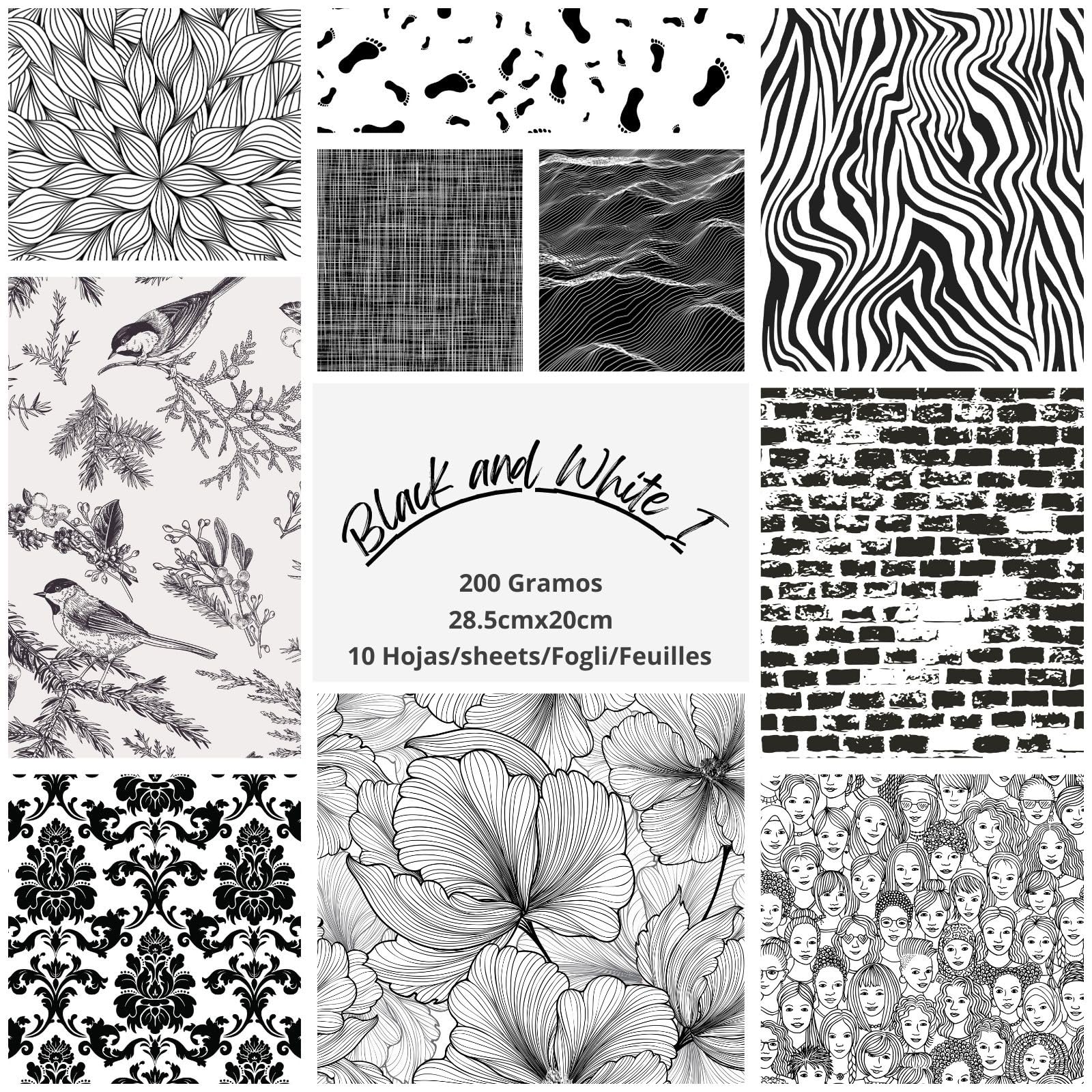 ASENME Scrapbooking Pack, Design Paper for Crafts, Scrapbooking 10 Units (A4), Scrapbook (Black and White 1, A4)