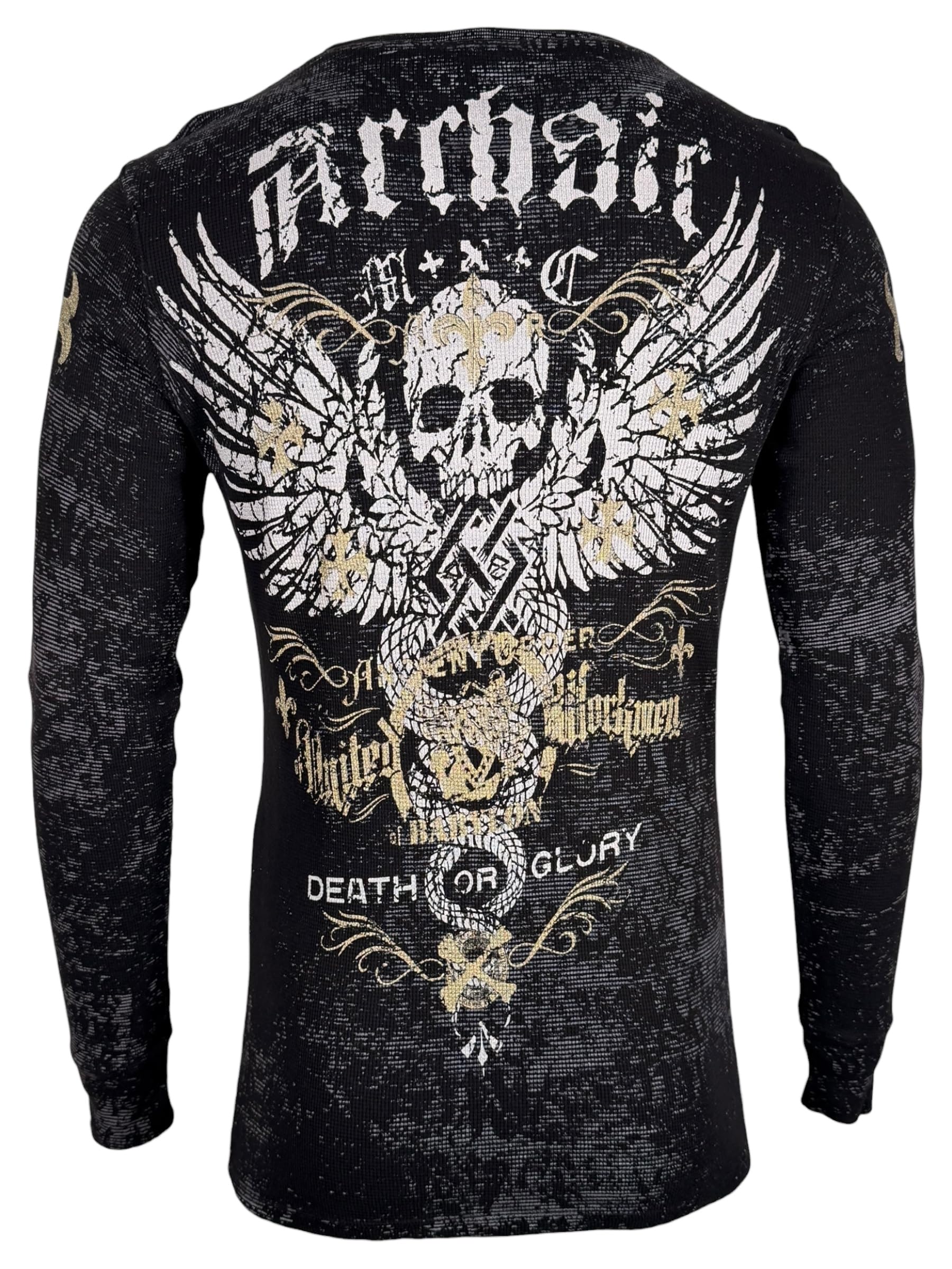 Archaic by Affliction Męska koszulka termiczna z długim rękawem, czarna, czaszka i skrzydła, projekt graficzny
