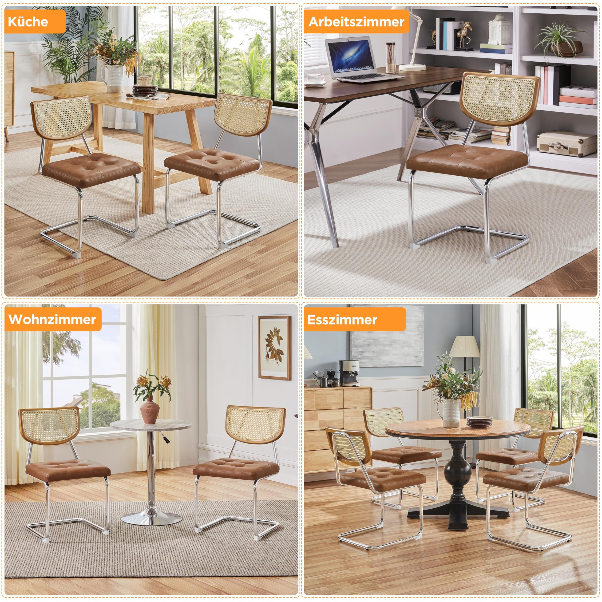 Yaheetech Küchenstuhl Esszimmerstühle Rückenlehne aus Rattan Schwingstuhl aus Kunstleder Polsterstuhl fürs Esszimmer/Küche/Wohnzimmer/Restaurant Retro-Braun, 2er Set