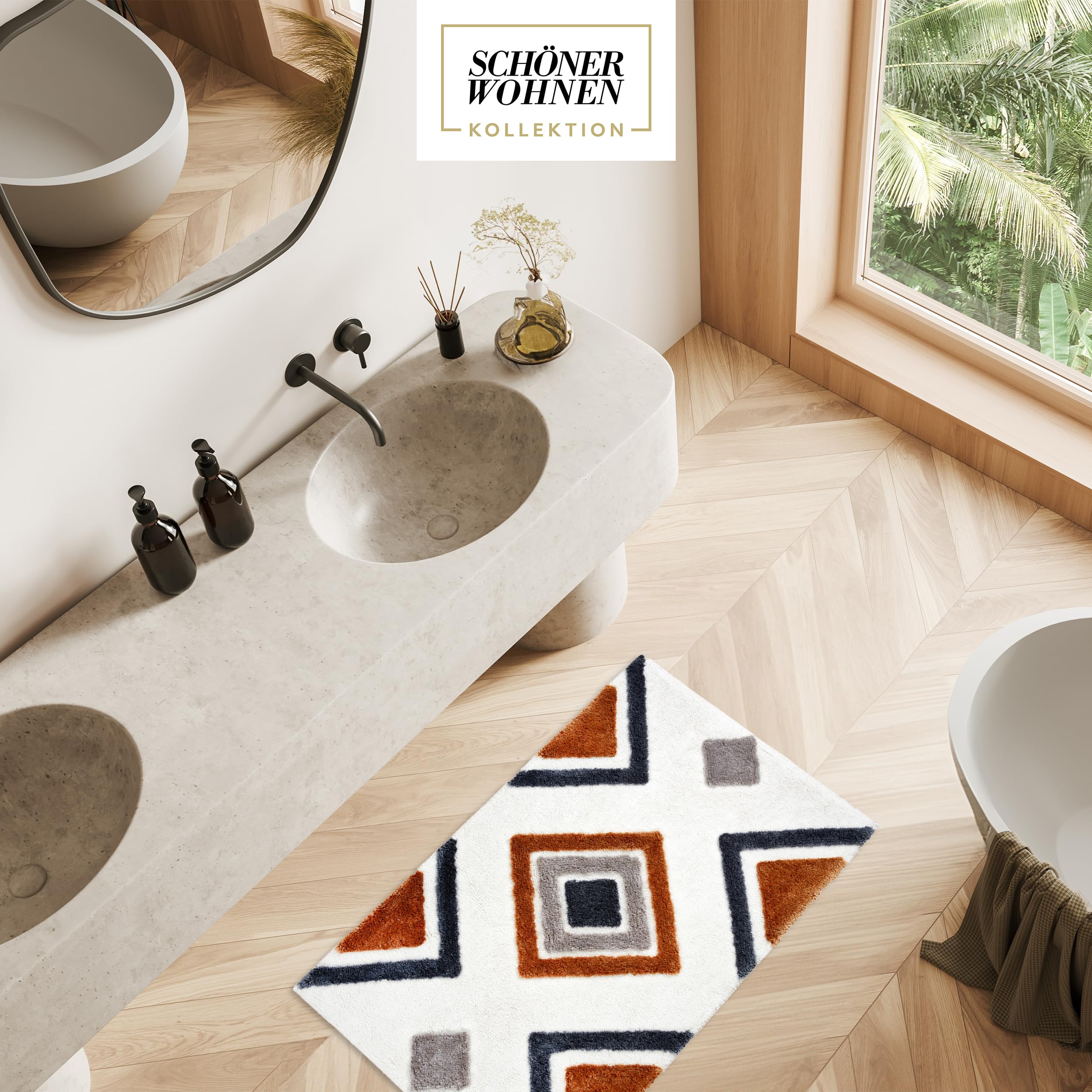 Schöner Wohnen Kollektion Alfombra de baño Blanca Ethno 60x90 cm - Alfombra de baño Antideslizante - Alfombra de baño Lavable y secable en Secadora - Alfombra de Ducha Cuarto de baño | Alfombrilla de baño suave blanca con diseño de alfombra de baño grande