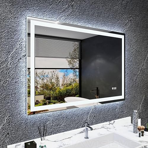 Espejo LED de baño de 48 x 30 pulgadas, espejo LED iluminado frontal y retroiluminado con luces, regulable continuamente, antivaho, a prueba de